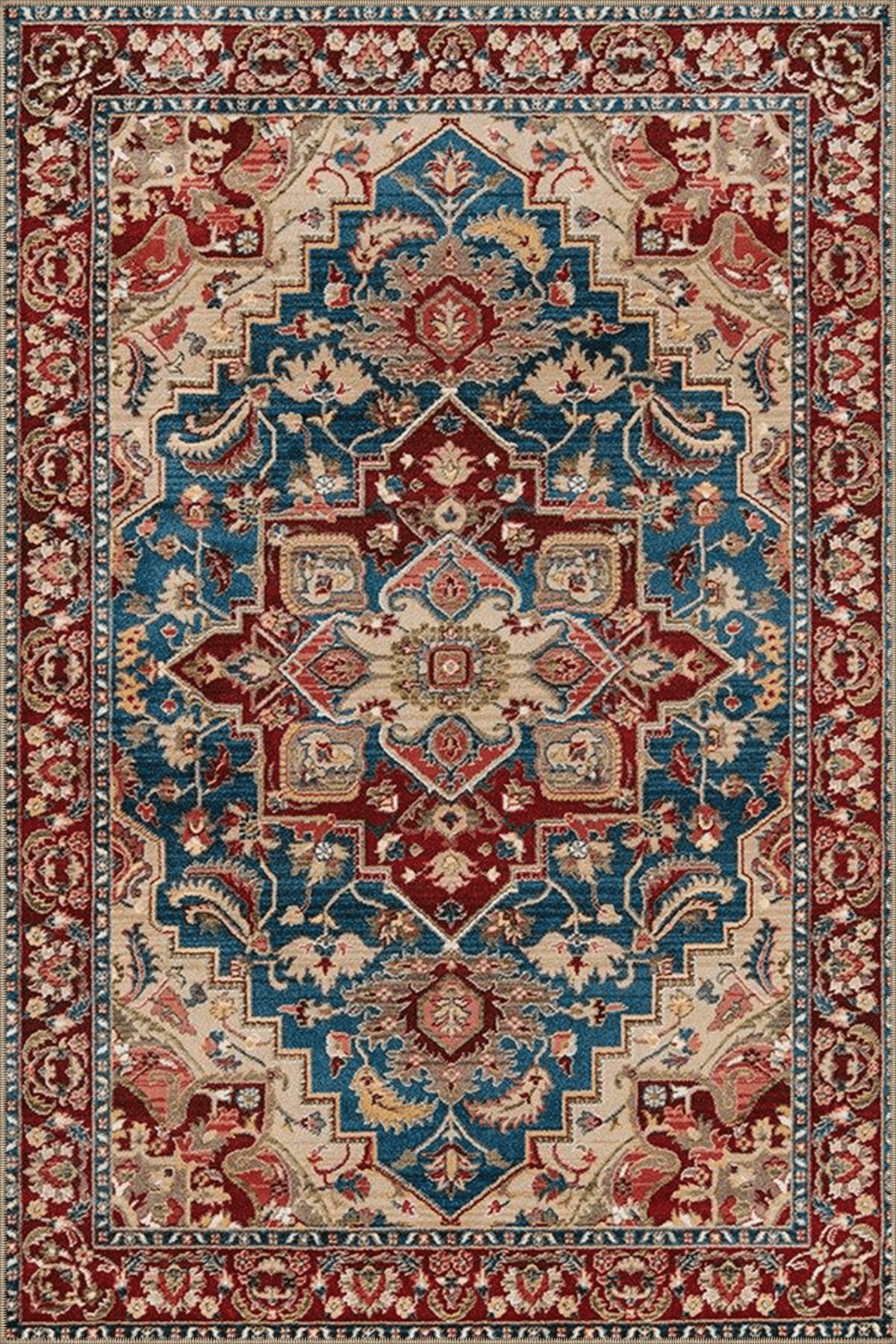 Mavi ve Bordo Temalı Geleneksel Motif Etnik Desenli Vintage Dekoratif Halı 4973