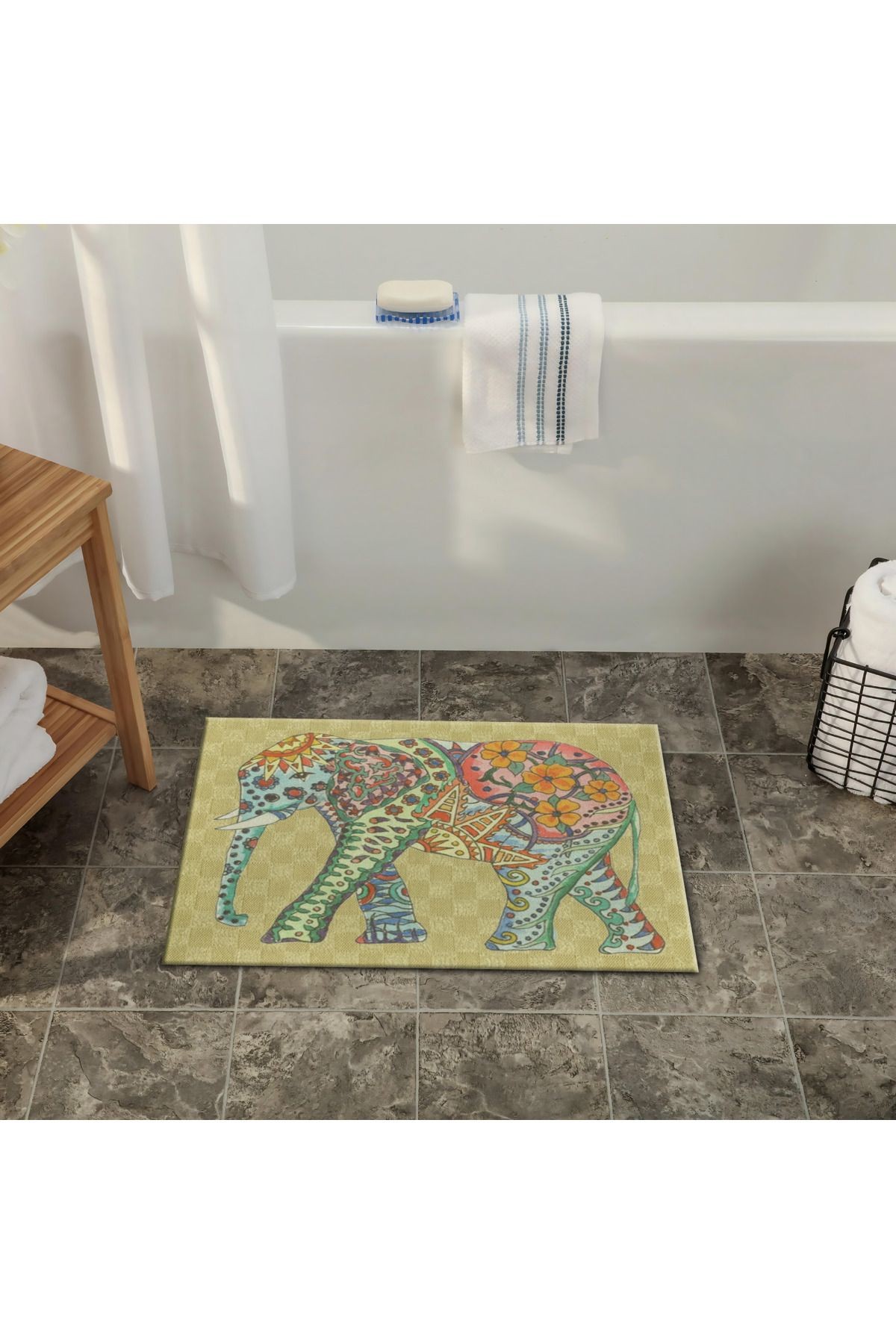 Çok Renkli Soyut Fil Desenli Modern Dekoratif Banyo Paspası 90×60