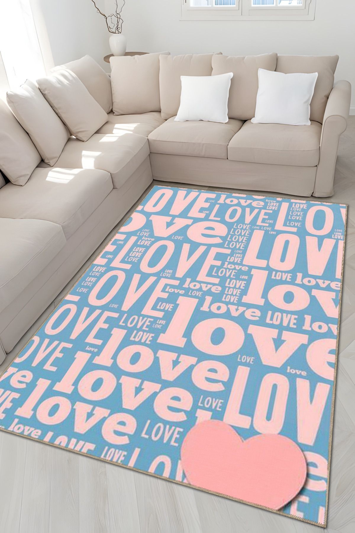 Açık Mavi ve Pudra Temalı Karma Love Yazı Desenli Modern Dekoratif Halı 4995