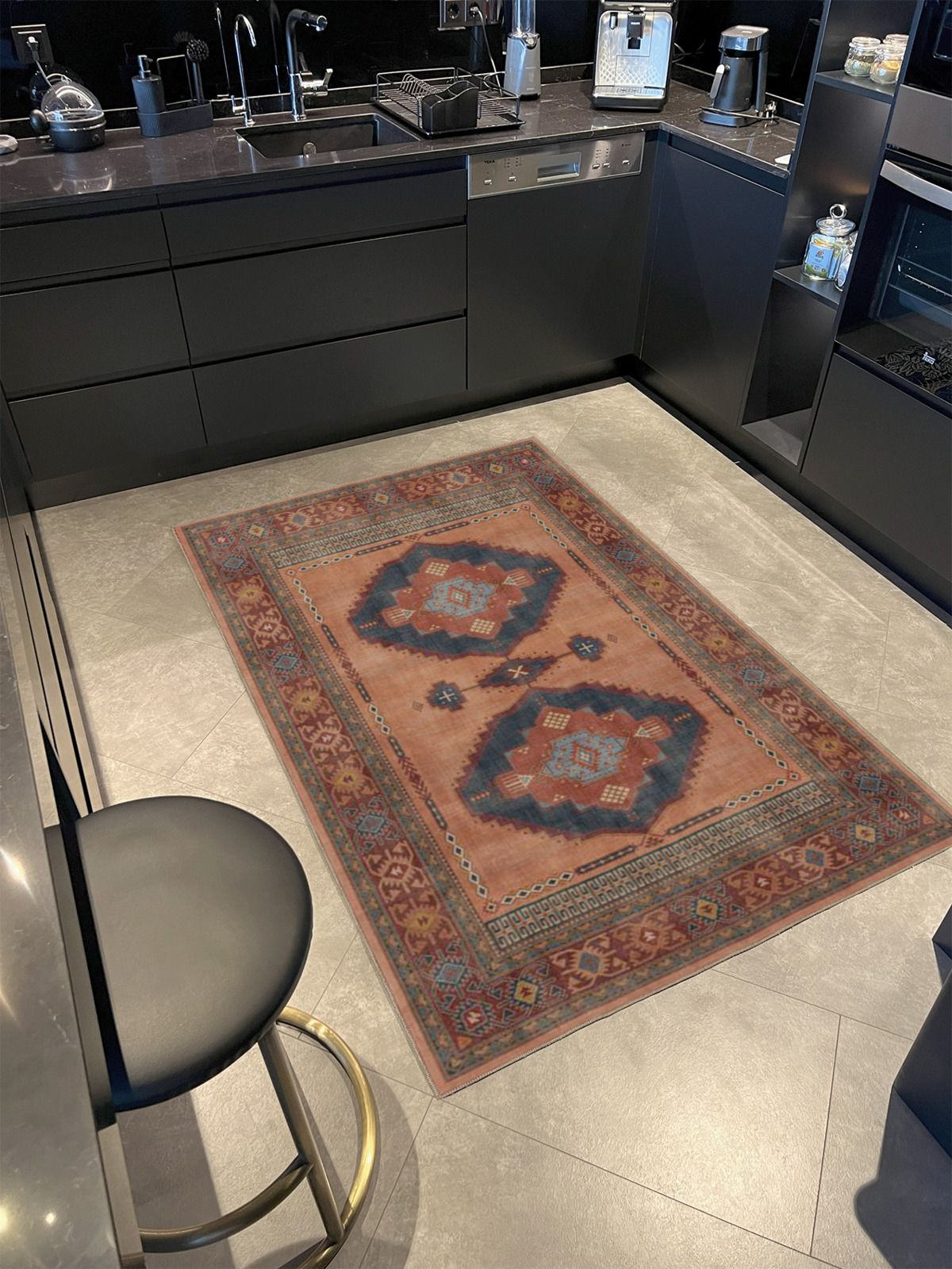 Kahverengi Kübik Çiçekli Çok Renkli Dokuma Taban Halı miravip8114