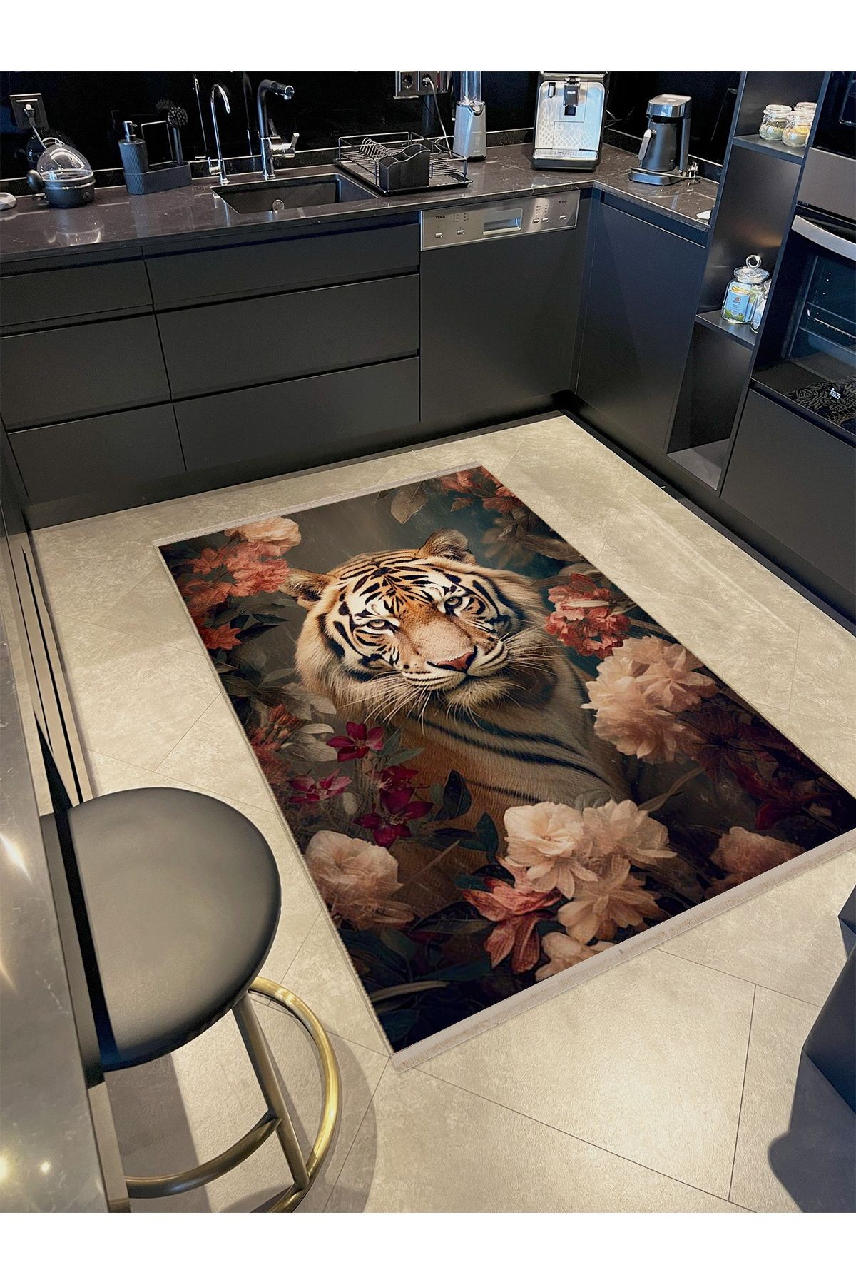 Güneş Koleksiyonu Pastel Çiçekli Kaplan Detaylı Dokuma Taban Modern Dekoratif Halı güneş38