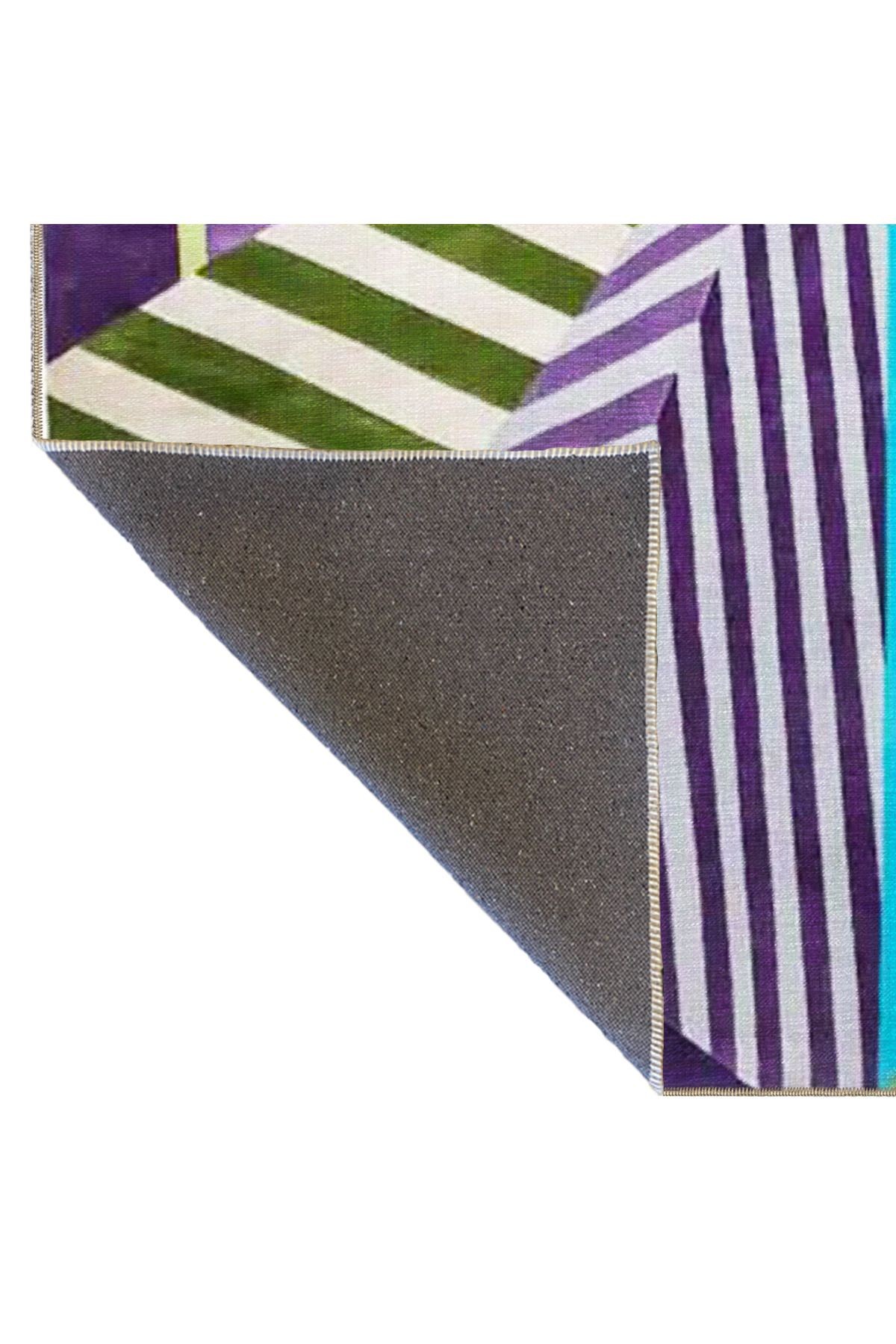 Mor Yeşil Temalı Şerit Geometrik Desenli Kreatif Modern Dekoratif Halı 3499