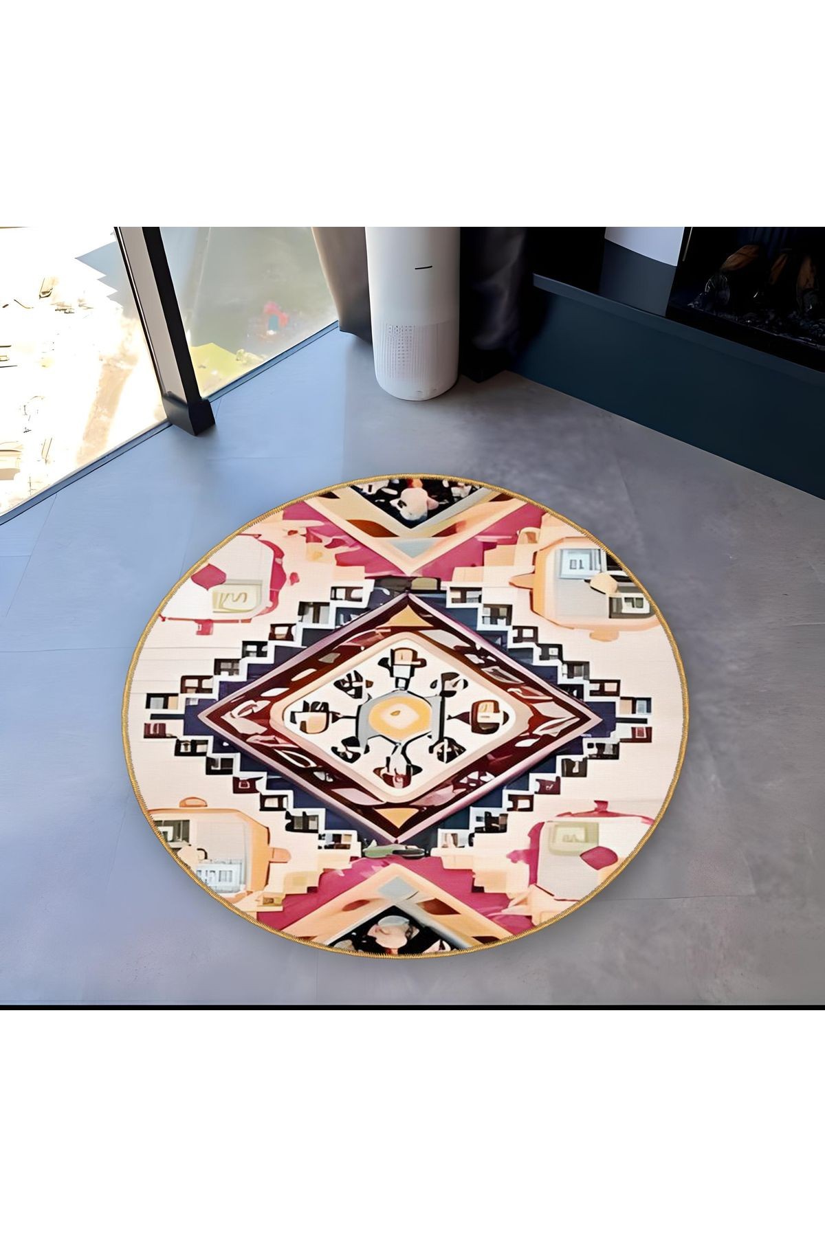 Açık Ton Geleneksel Desenli Yuvarlak Dokuma Taban Vintage Dekoratif Halı 6099