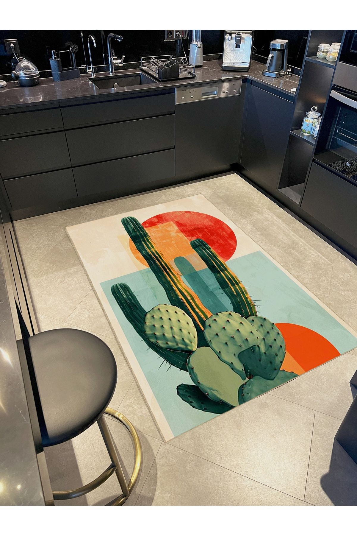 Tuğrul Koleksiyonu Çok Renkli Soyut Güneş ve Kaktüs Desenli Dokuma Taban Modern Dekoratif Halı 43