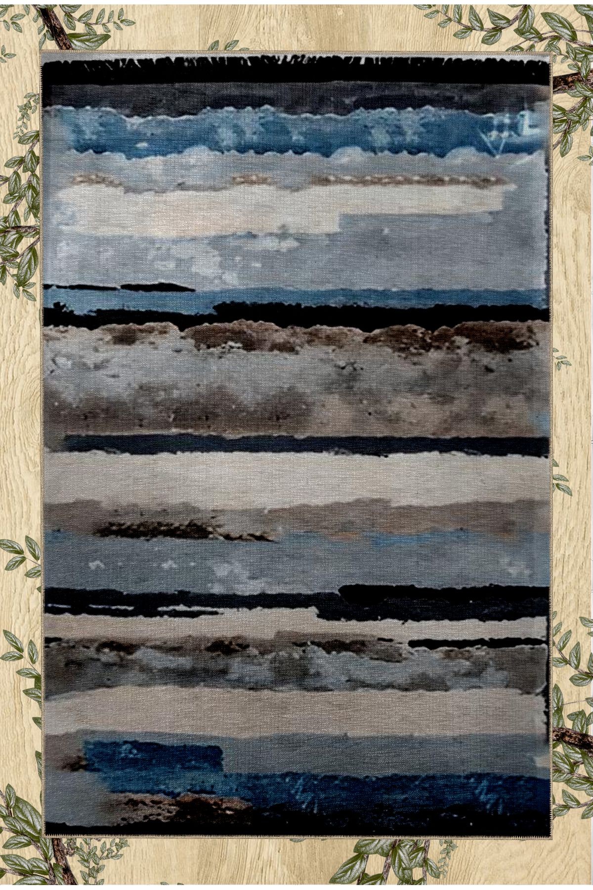 Mavi Gri Tonlar Soyut Çizgili Desenli Modern Dekoratif Halı 5280