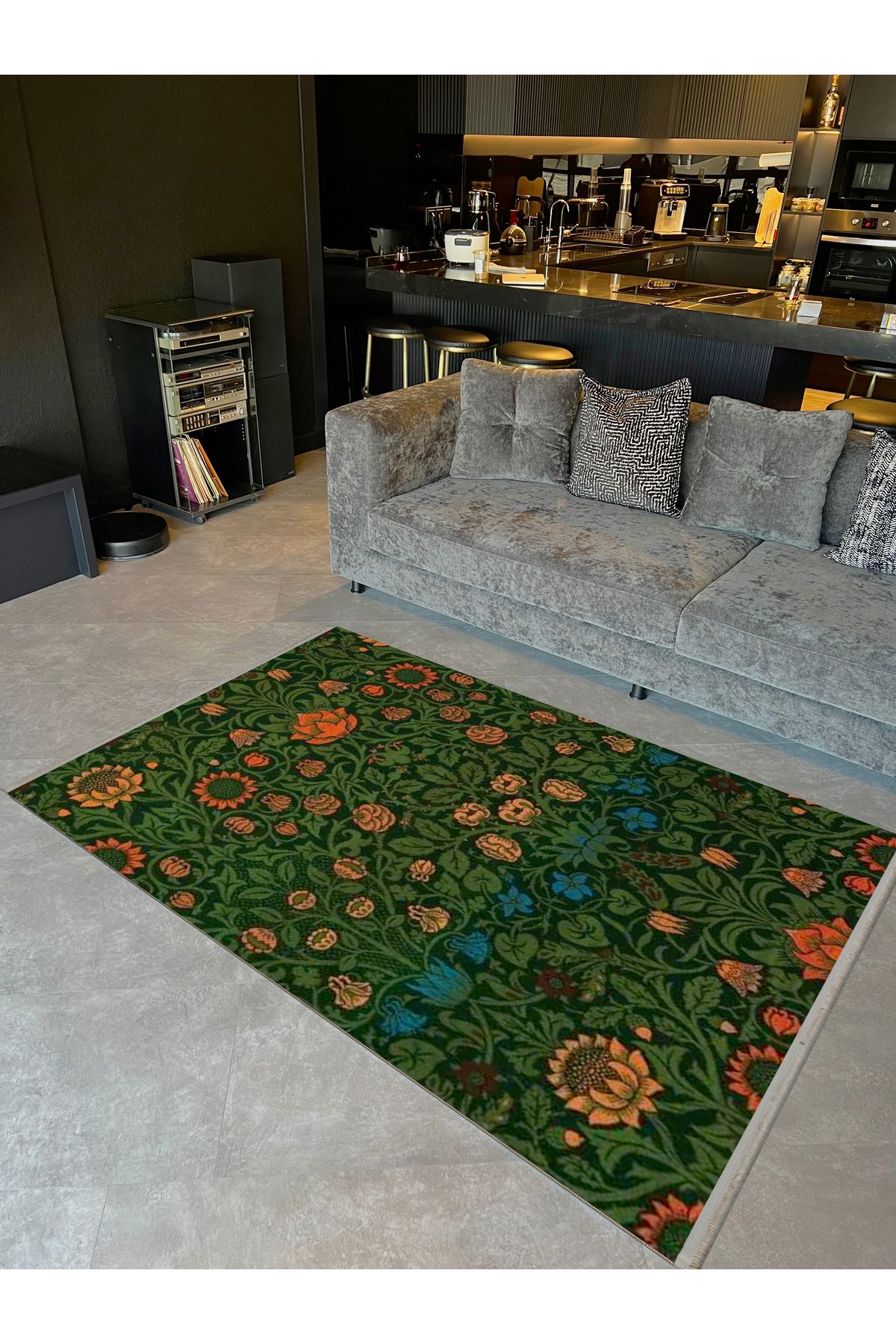 Özge Koleksiyonu Koyu Yeşil Sarmaşık Detaylı Turuncu Mavi Çiçekli Dokuma Taban Dekoratif Halı özge09