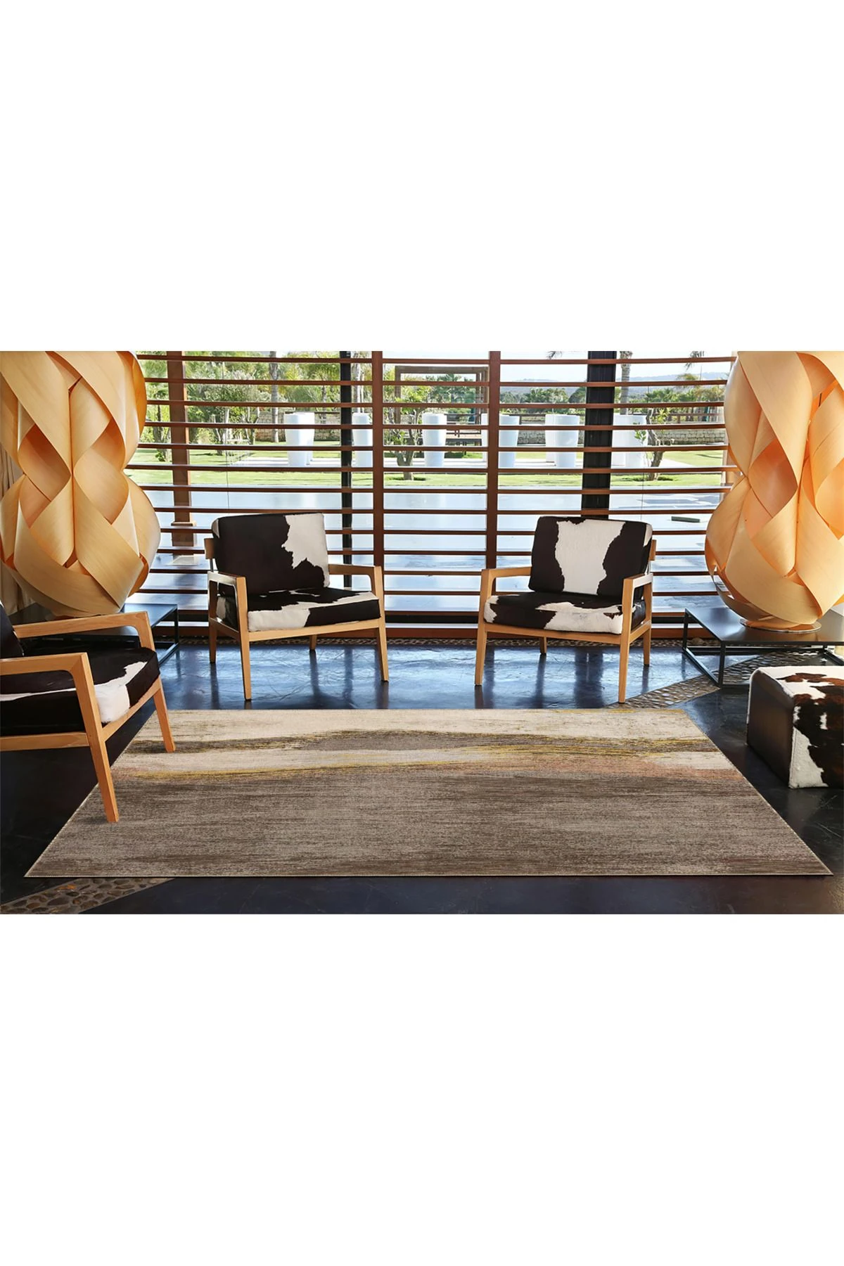 Kahverengi Bej Temalı Soyut Abstract Desenli Modern Dekoratif Halı 3894