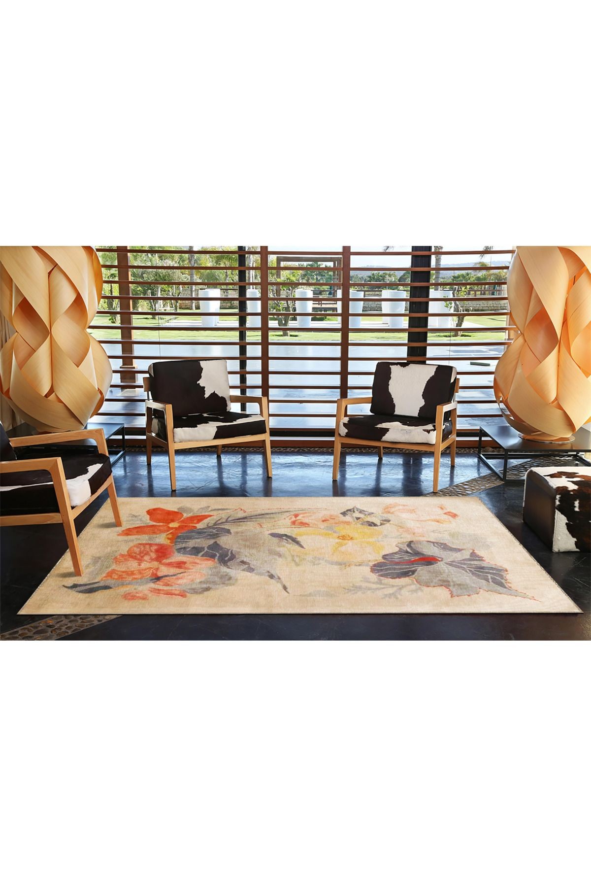 Bej Temalı Soyut Çiçek Desenli Kreatif Modern Dekoratif Halı 3826