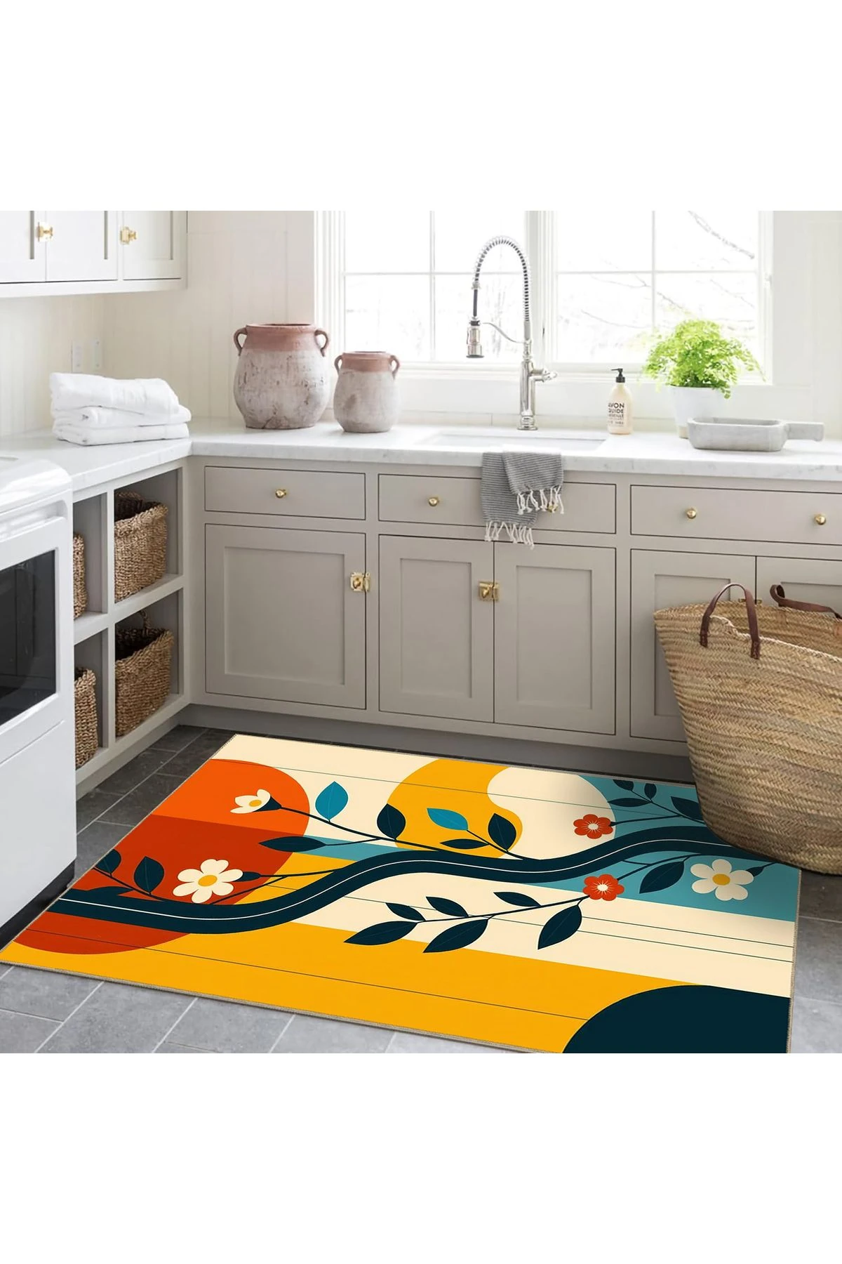 Güneş Koleksiyonu Çok Renkli Soyut Şekiller ve Çiçekler  Desenli Dokuma Taban Dekoratif Halı güneş49