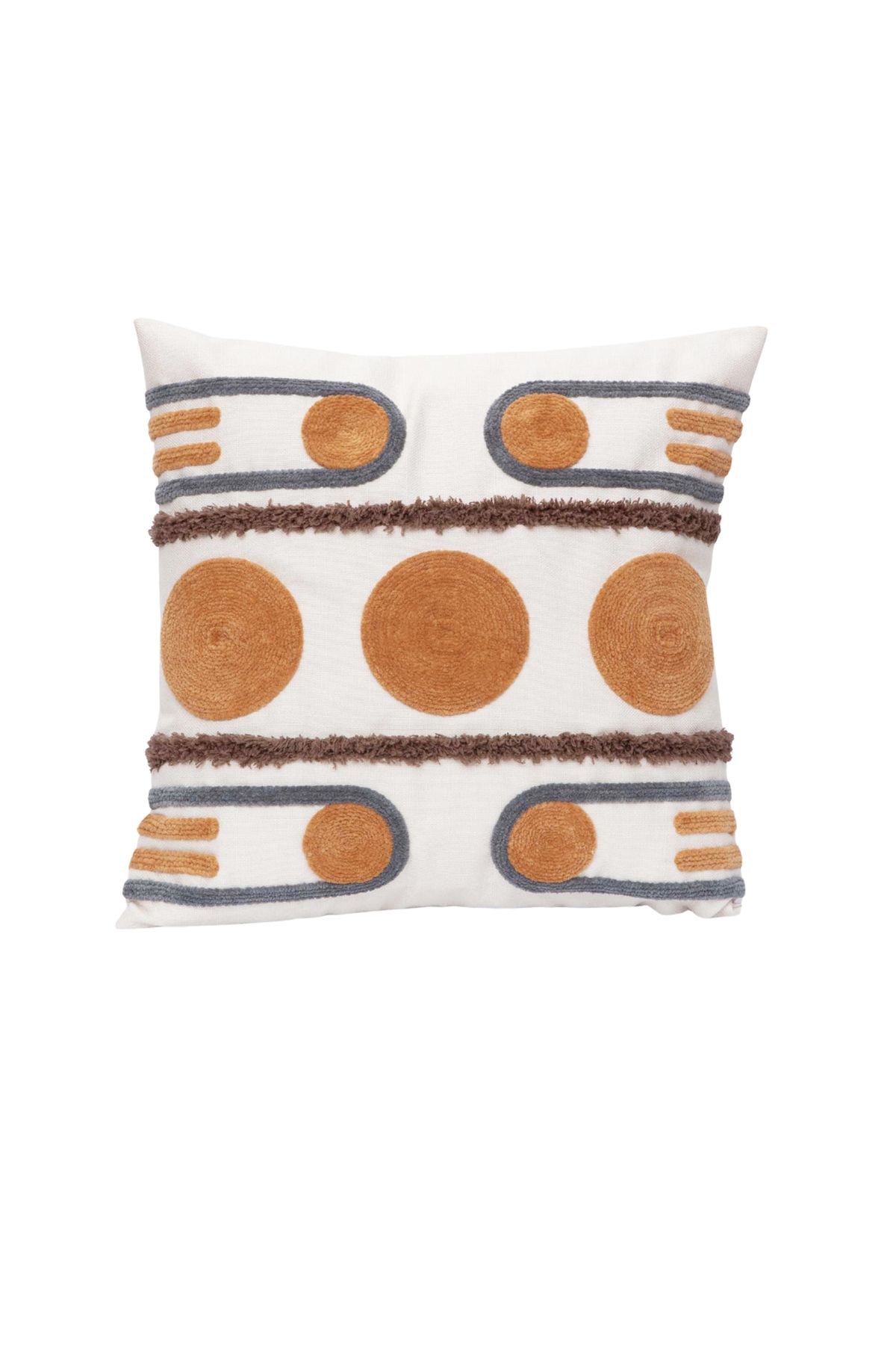 Bohem Tarz Nakış Detaylı Turuncu Gri Desenli Punch Kırlent Kılıfı 03