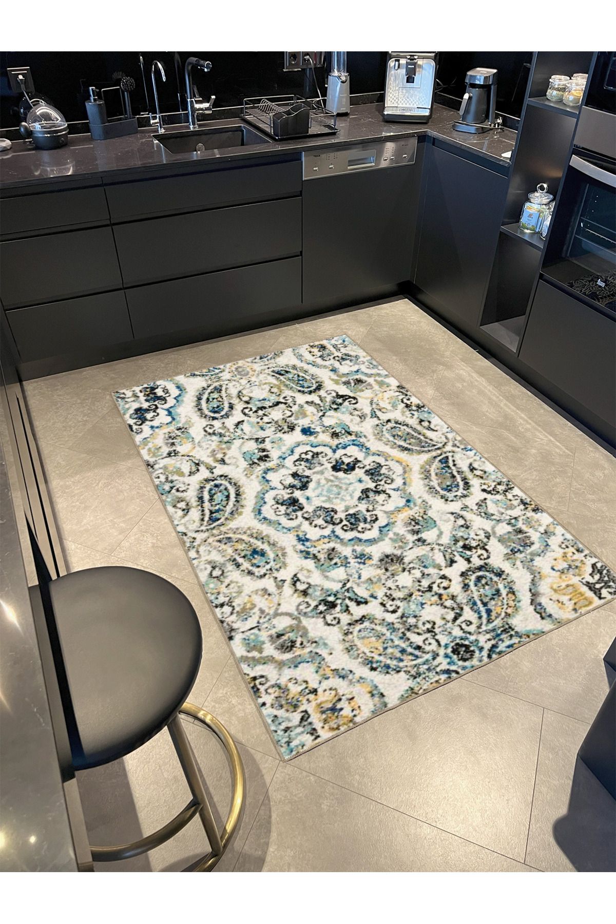 Krem Renkli Geometrik Dokuma Taban Yıkanabilir Halı miravip8353