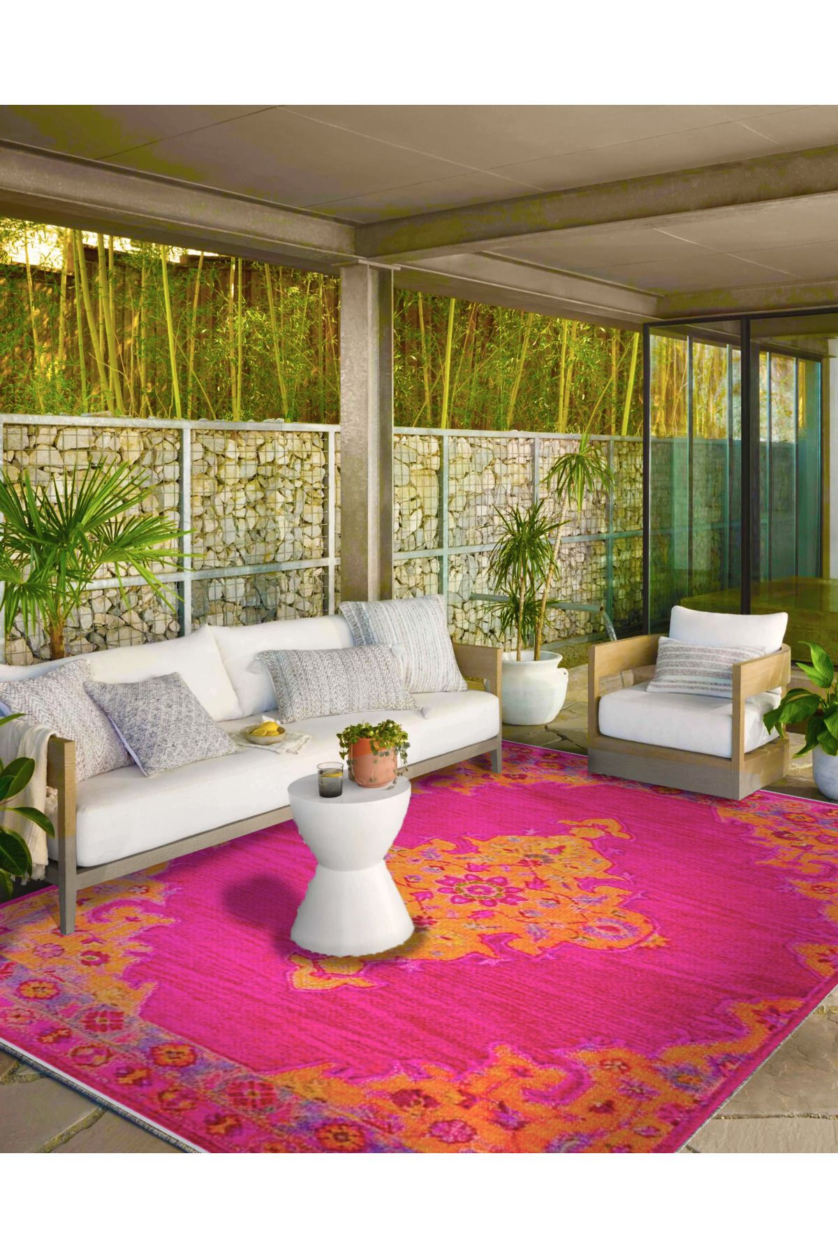 Pembe Sarı Geleneksel Çiçekli Bordürlü Temalı Desenli Dokuma Taban Halı ve Yıkanabilir Halı aloha193