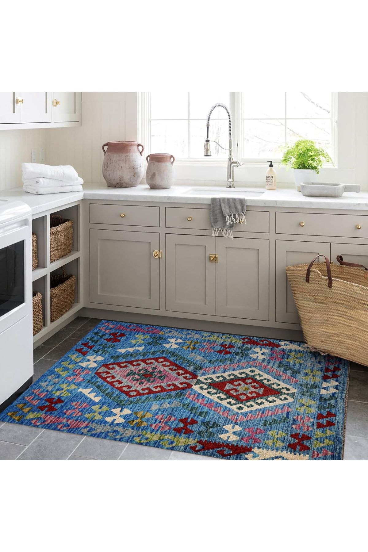 Asena Koleksiyonu Mavi Temalı Geometrik Şekiller Desenli Vintage Dekoratif Halı 09