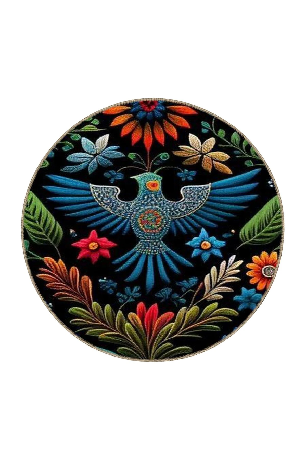 Siyah Temalı Çok Renkli Çiçek ve Kuş Desenli Modern Dekoratif Halı 3565