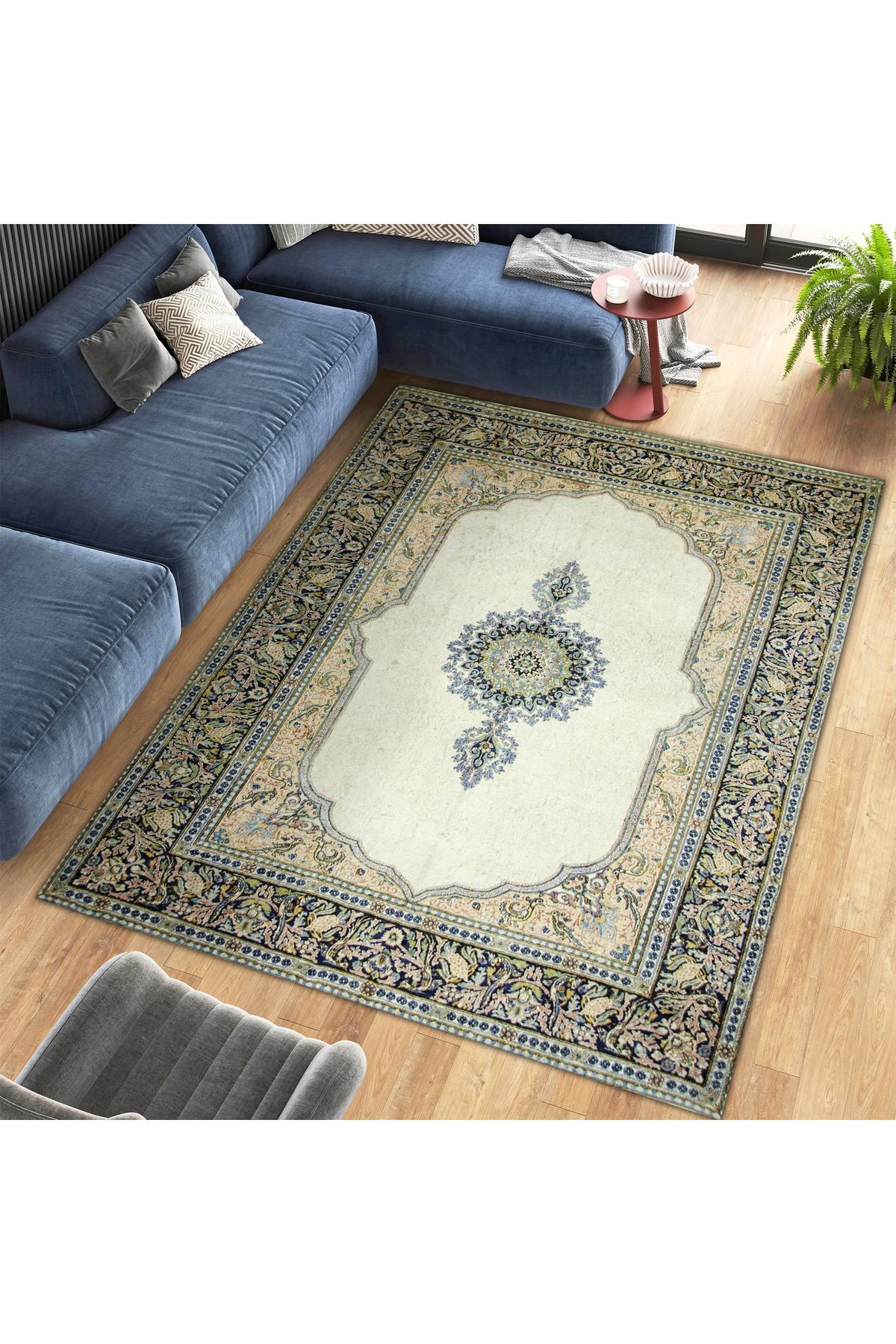 Mete Koleksiyonu Bej ve Beyaz Temalı Geleneksel Motifli Bohem Desenli Vintage Dekoratif Halı 11