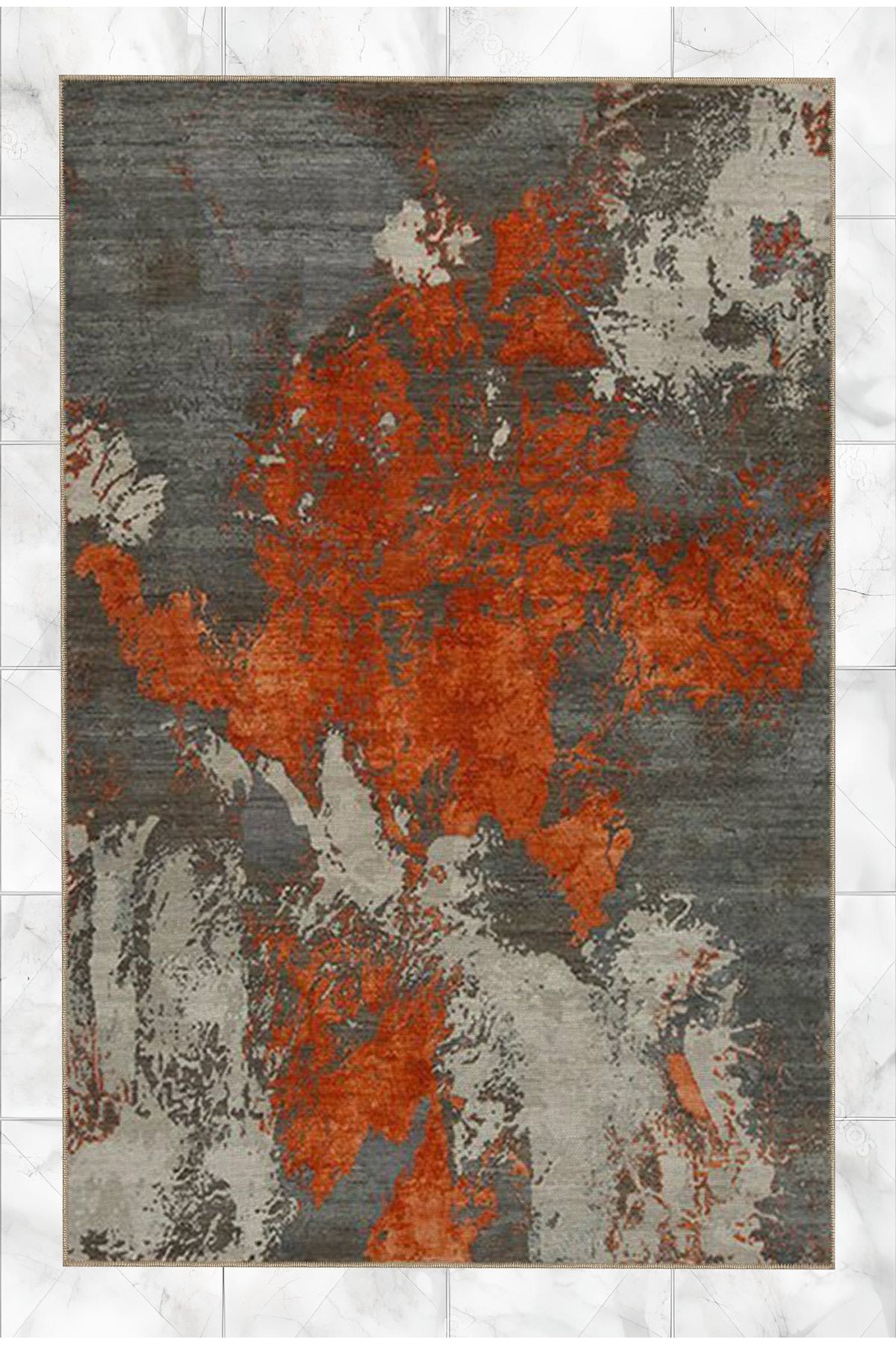Turuncu Gri Temalı Soyut Abstract Desenli Kreatif Modern Dekoratif Halı 5157