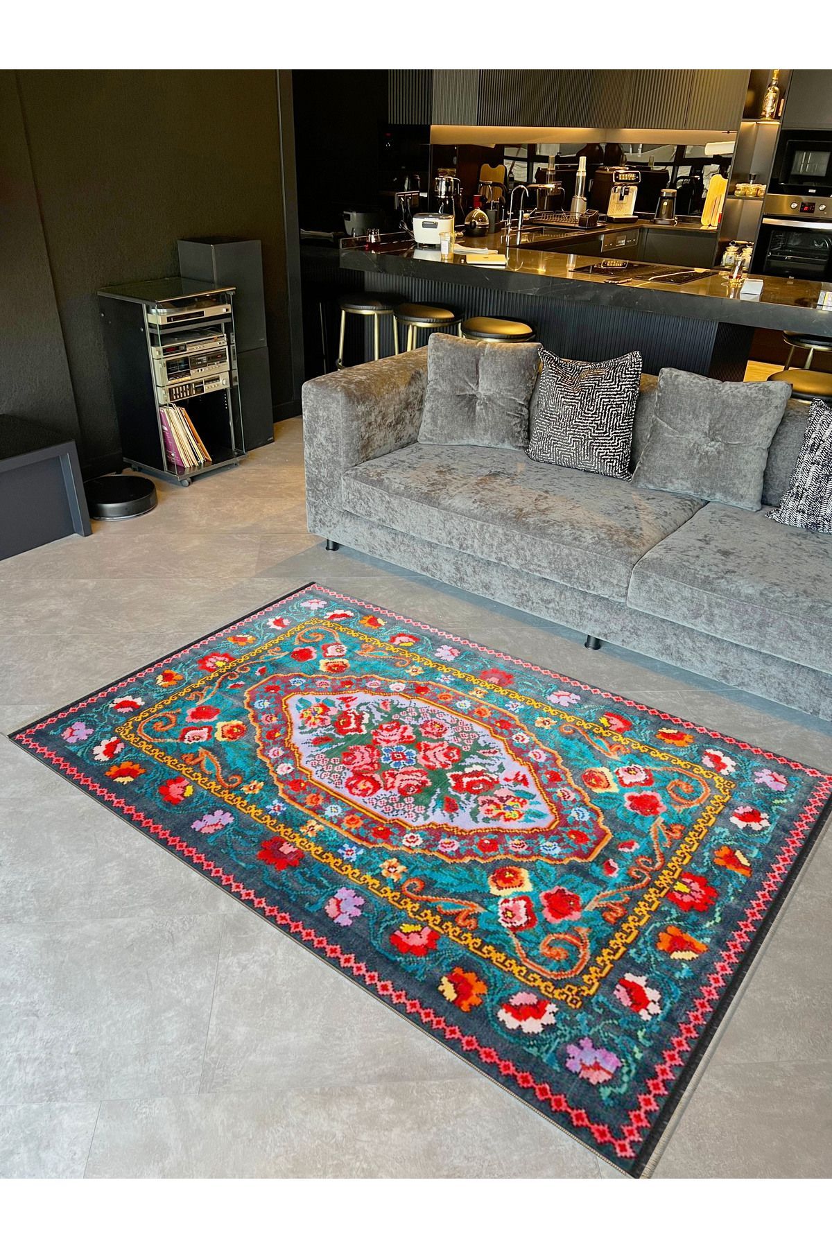 İnci Koleksiyonu Turkuaz Temalı Geleneksel Desenli Dokuma Taban Vintage Dekoratif Halı inci11