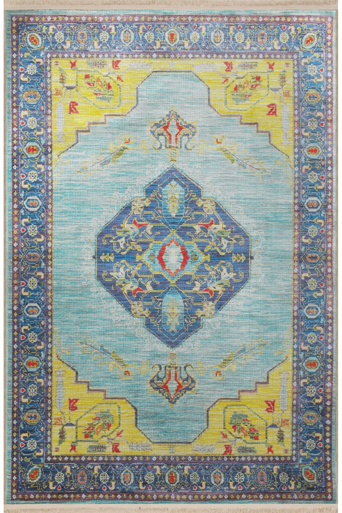 Mavi Sarı Temalı Geleneksel Motif Etnik Desenli Kreatif Vintage Dekoratif Halı 2778