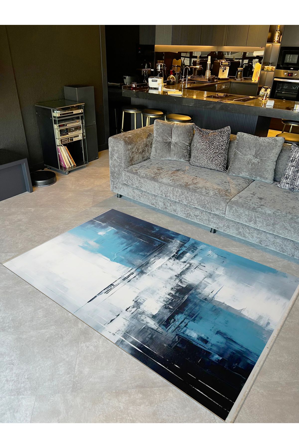 Yılmaz Koleksiyonu Yağlı Boya Görünümlü Beyaz Mavi Dokuma Taban Modern Dekoratif Halı yılmaz29