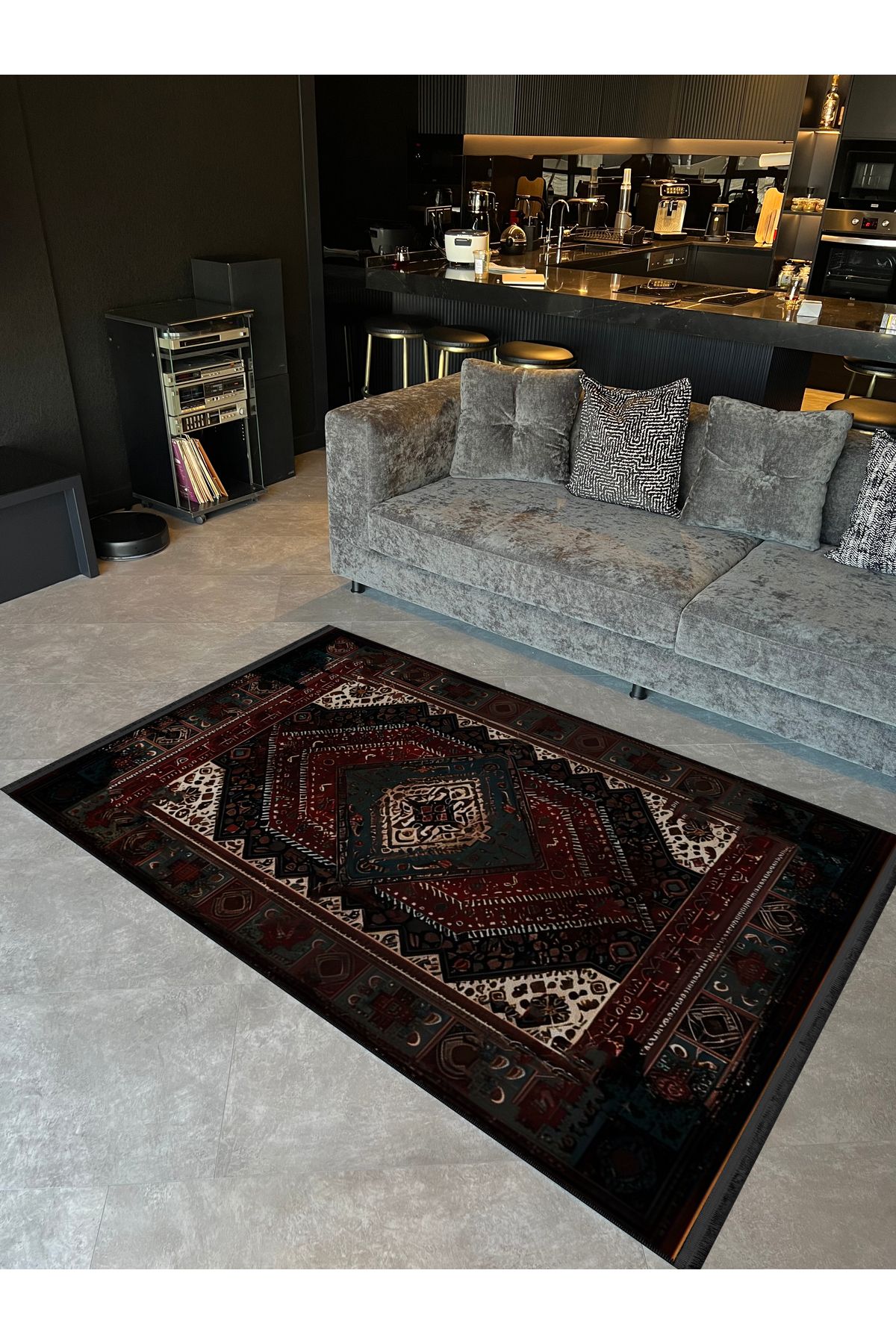 Koyu Tonlarda Antik Tasarım Serisi Bordo ve Yeşil Detaylı Desenli Vintage Dekoratif Halı antik22