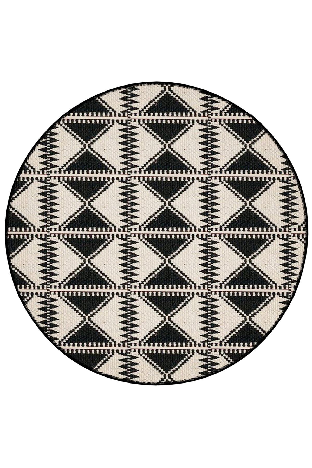 Siyah Bej Temalı Geometrik Desenli Yuvarlak Dokuma Taban Modern Dekoratif Halı 6093