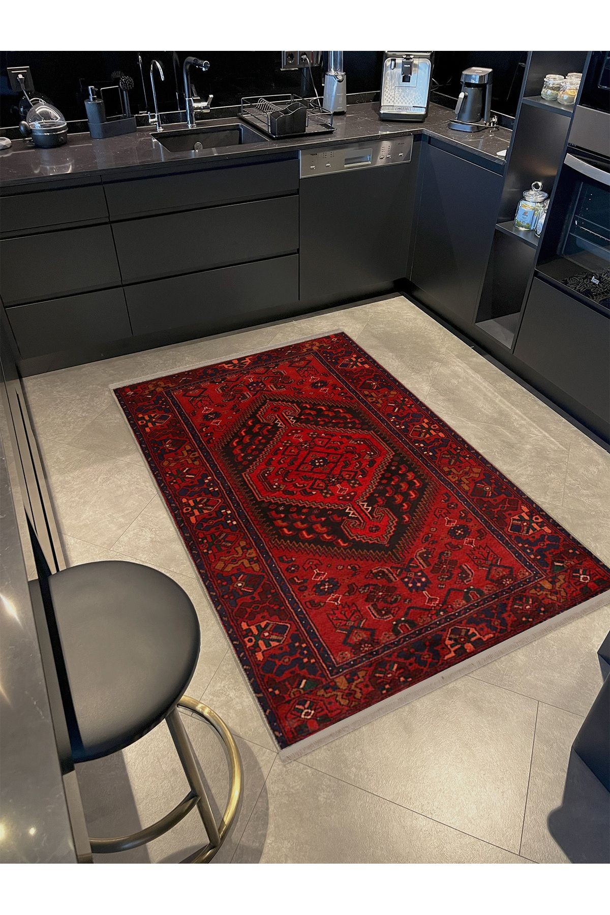Hilal Koleksiyonu Kırmızı Siyah Etnik Desenli Dokuma Taban Modern Dekoratif Halı hilal06