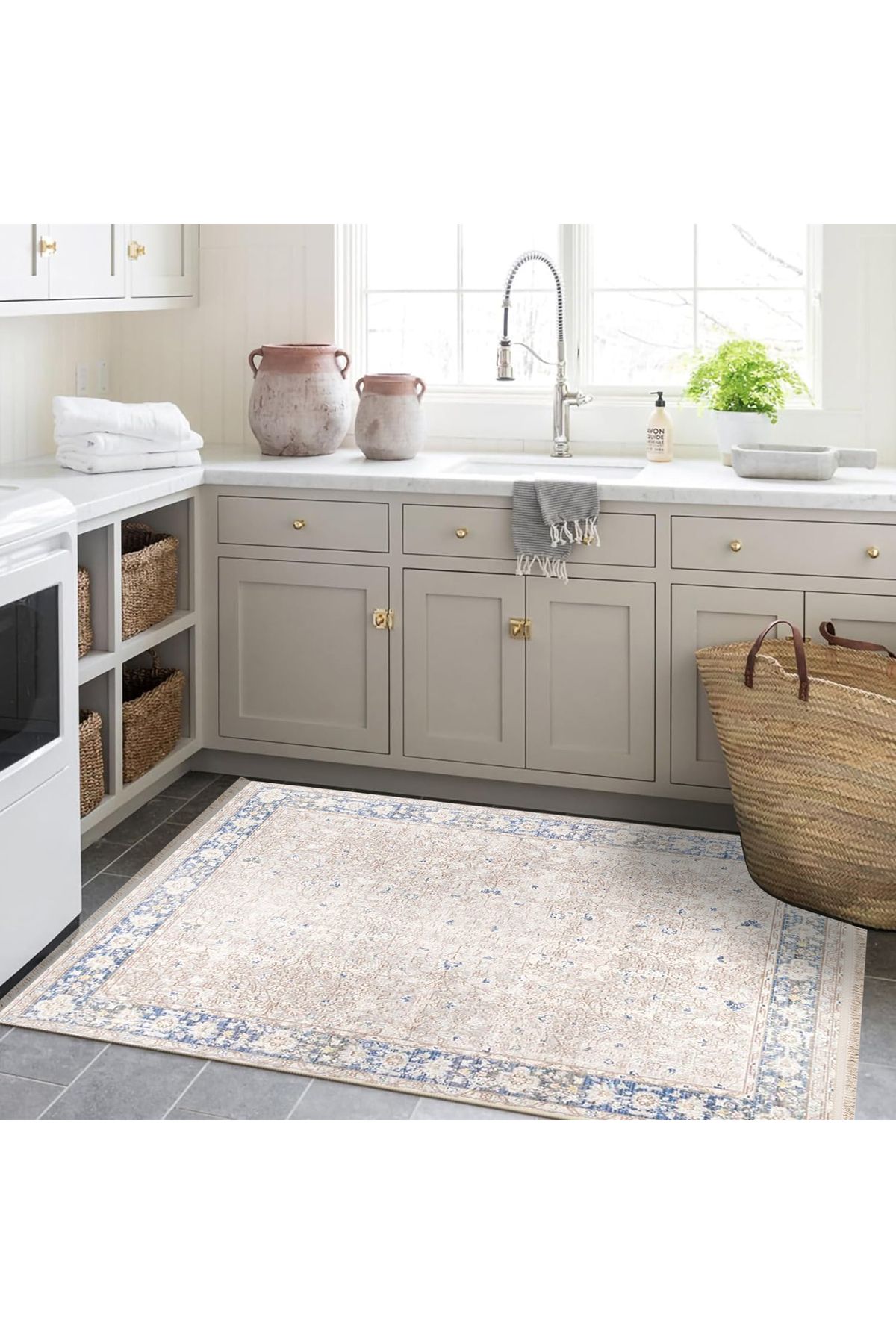 Güney Koleksiyonu Bej Mavi Tema Kenar Motifli Klasik Desenli Vintage Dekoratif Halı 17