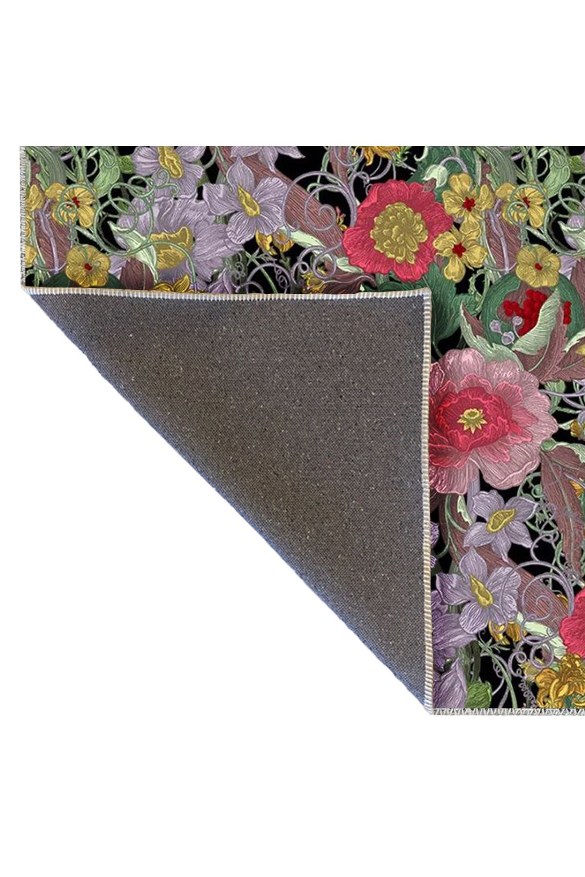 Semih Koleksiyonu Çok Renkli Floral Karma Çiçekler Desenli Dokuma Taban Modern Dekoratif Halı 43