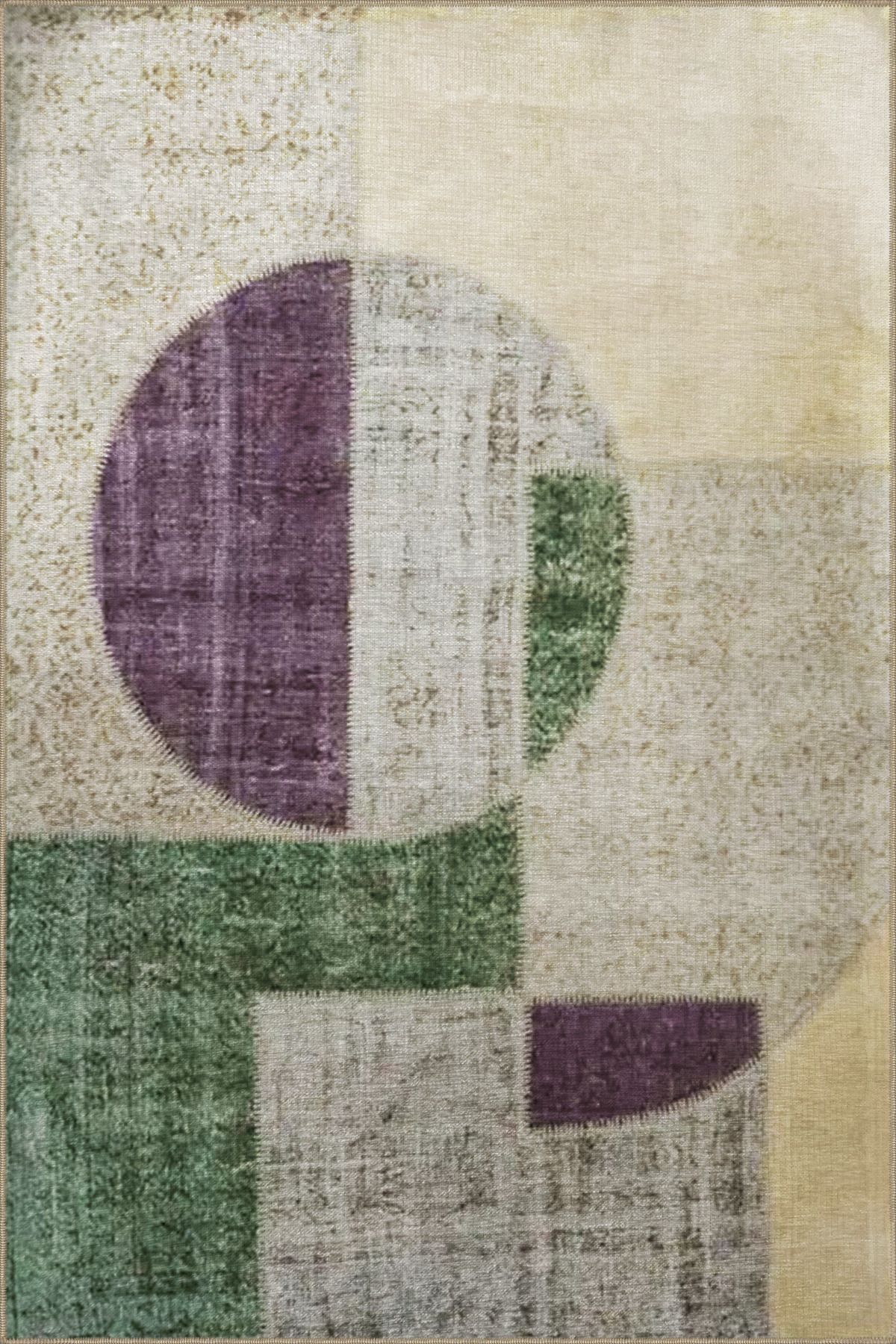 Bej Temalı Yeşil Mor Soyut Geometrik Desenli Modern Dekoratif Halı 3462