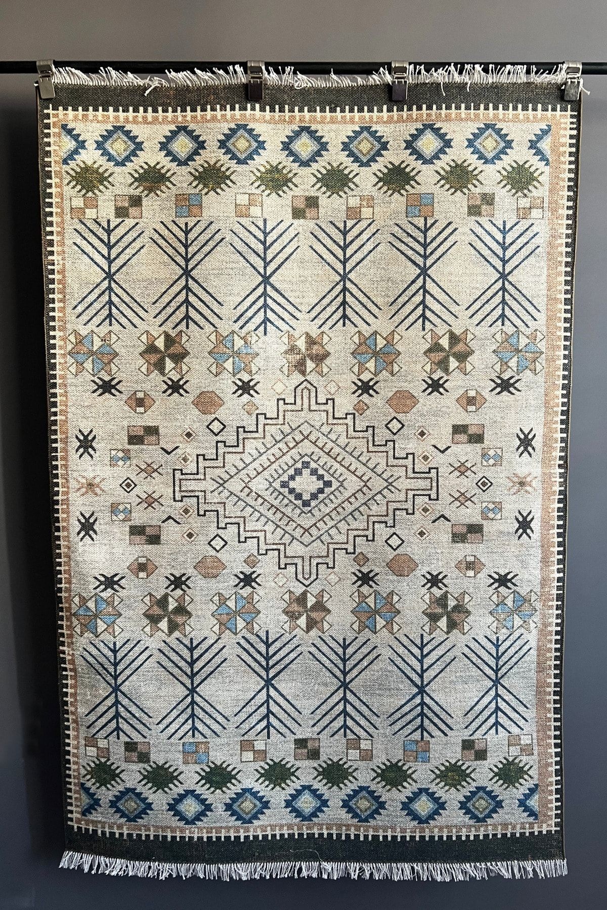 Cotton 568 Etnik Haki Bej Saçaklı Etnik Dokuma Taban Kilim