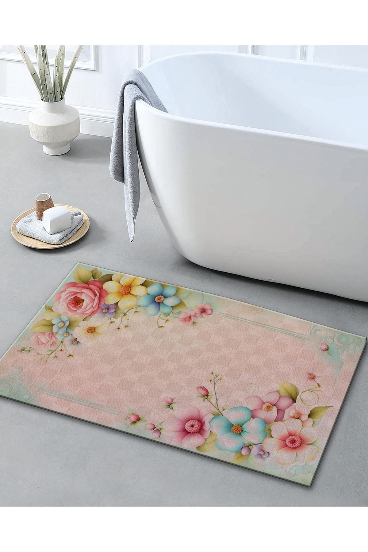 Çok Renkli Pudra Temalı Floral Çiçek Desenli Modern Dekoratif Banyo Paspası 90×60