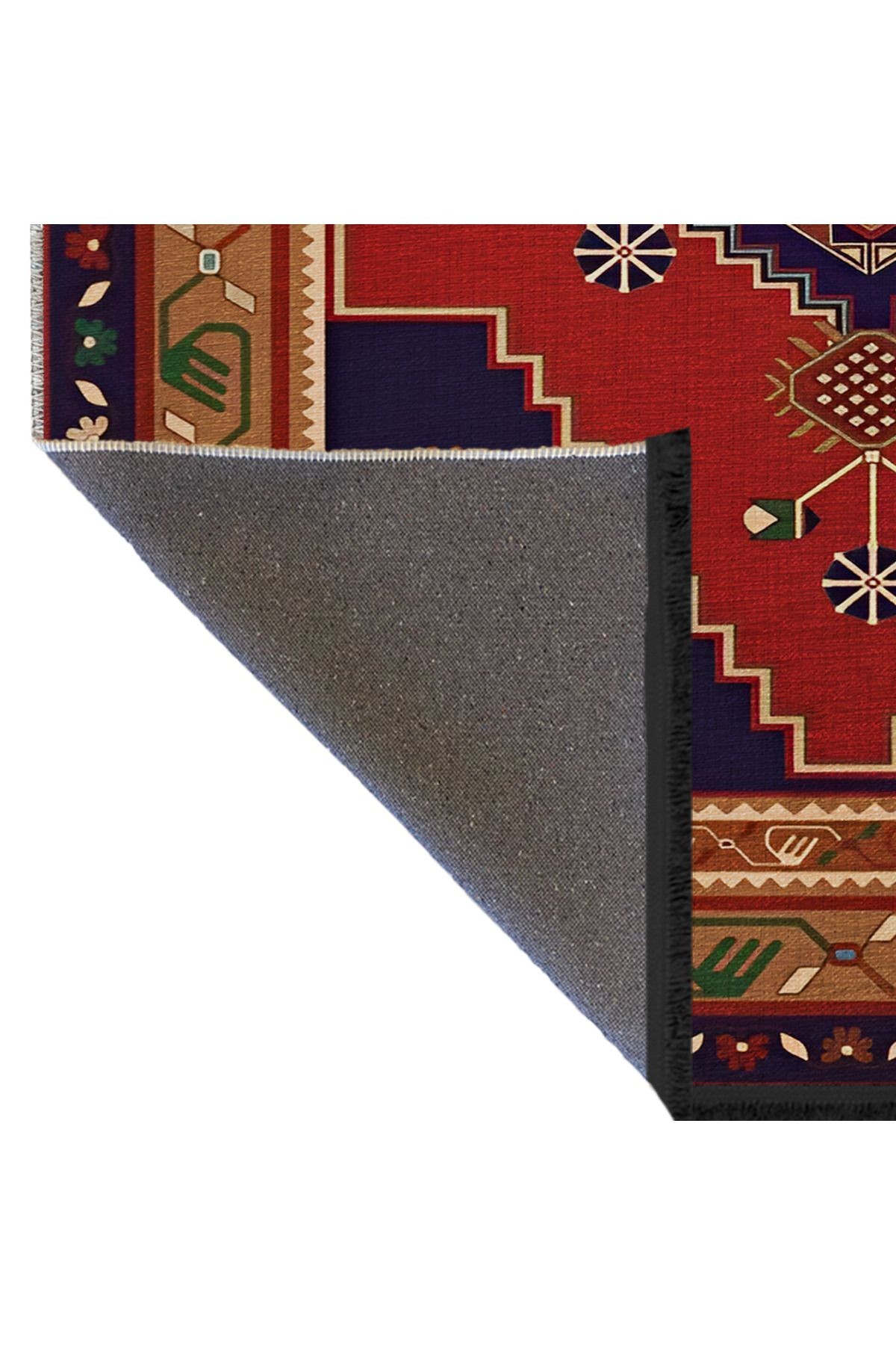 Mavi Kırmızı Temalı Çok Renkli Geleneksel Motif Çiçek Desenli Vintage Dekoratif Halı 2042
