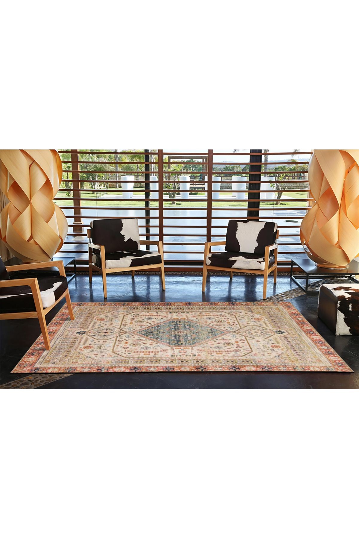 Bej Temalı Geleneksel Motif Desenli Vintage Dekoratif Halı 4773