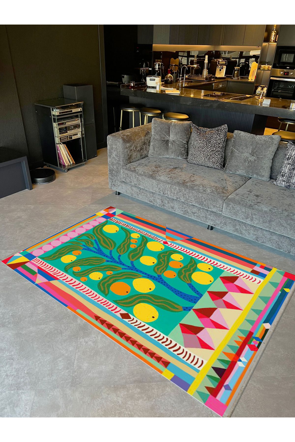 Kemal Koleksiyonu Pastel Renklerde Soyut Limon Ağacı Desenli Dokuma Taban Modern Dekoratif Halı 17