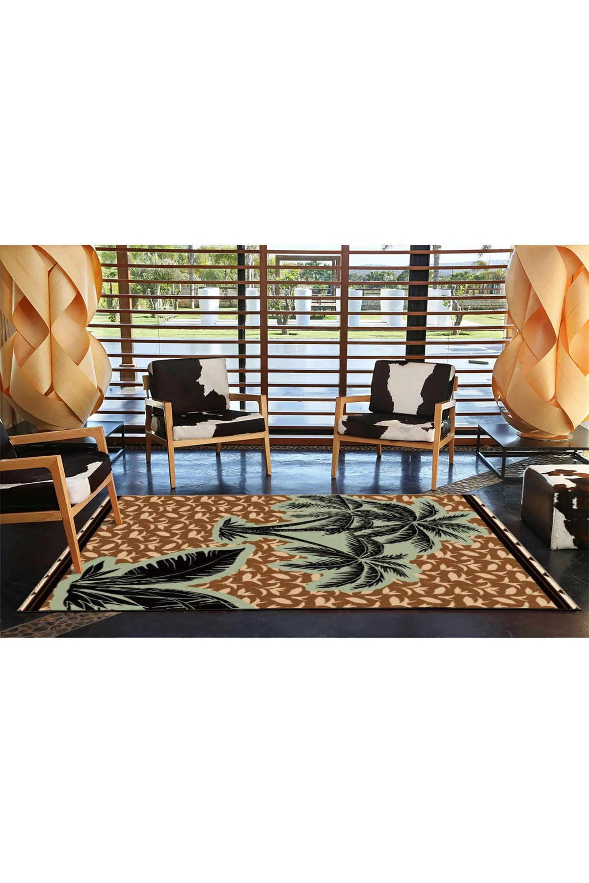 Kahverengi Temalı Tropikal Palmiye Ağacı Desenli Modern Dekoratif Halı 3815