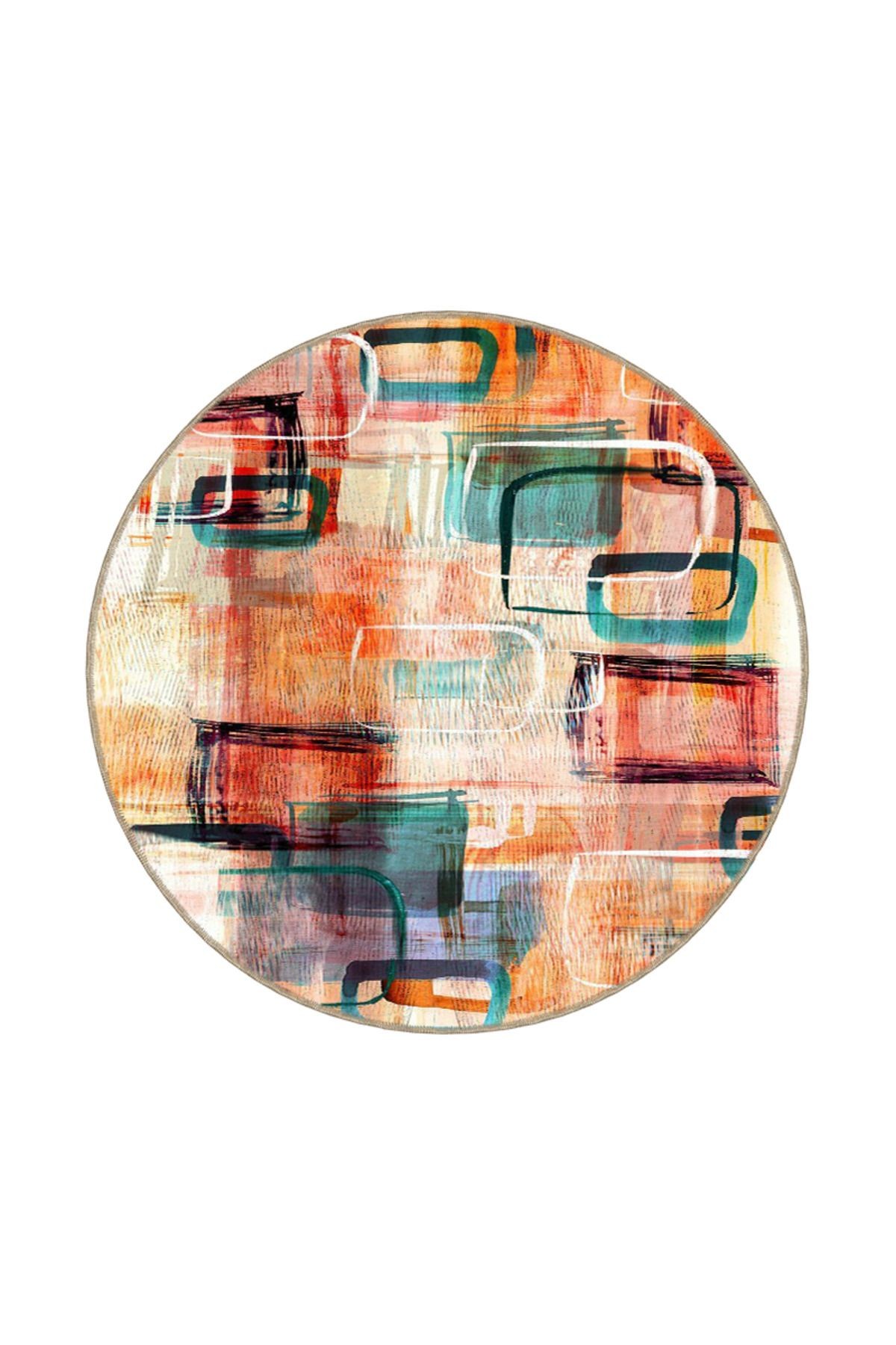 Turuncu Pastelli Geometrik Desenli Sarı Tonlarda Dekoratif Yıkanabilir Halı miravip8965