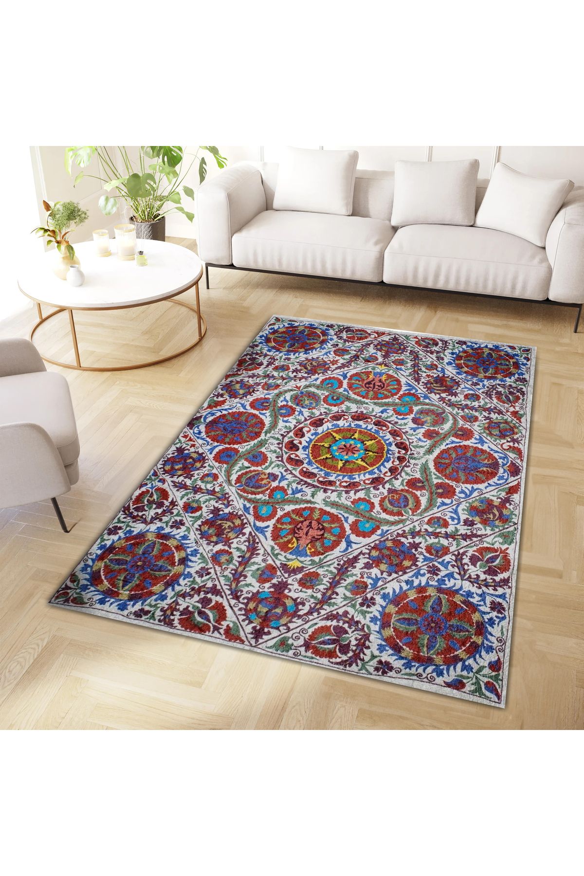 Mete Koleksiyonu Çok Renkli Floral Çiçek Motifleri Desenli Vintage Dekoratif Halı 39