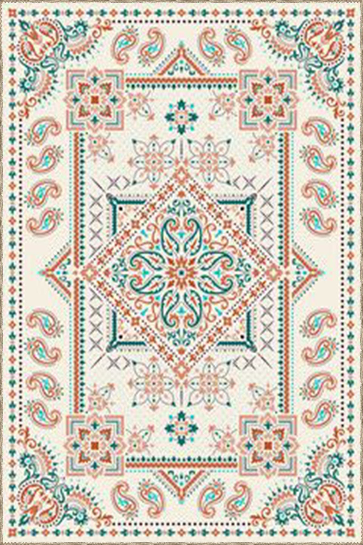 Geometrik Desenli Krem Tonlarında Dekoratif Halı miravip398