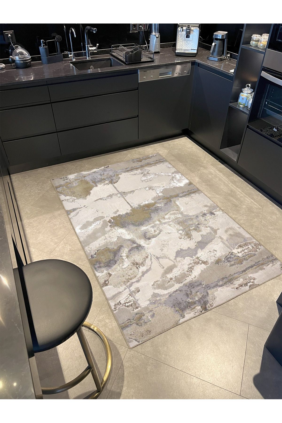 Bej Gri Temalı Soyut Desenli Kreatif Modern Dekoratif Halı 3956