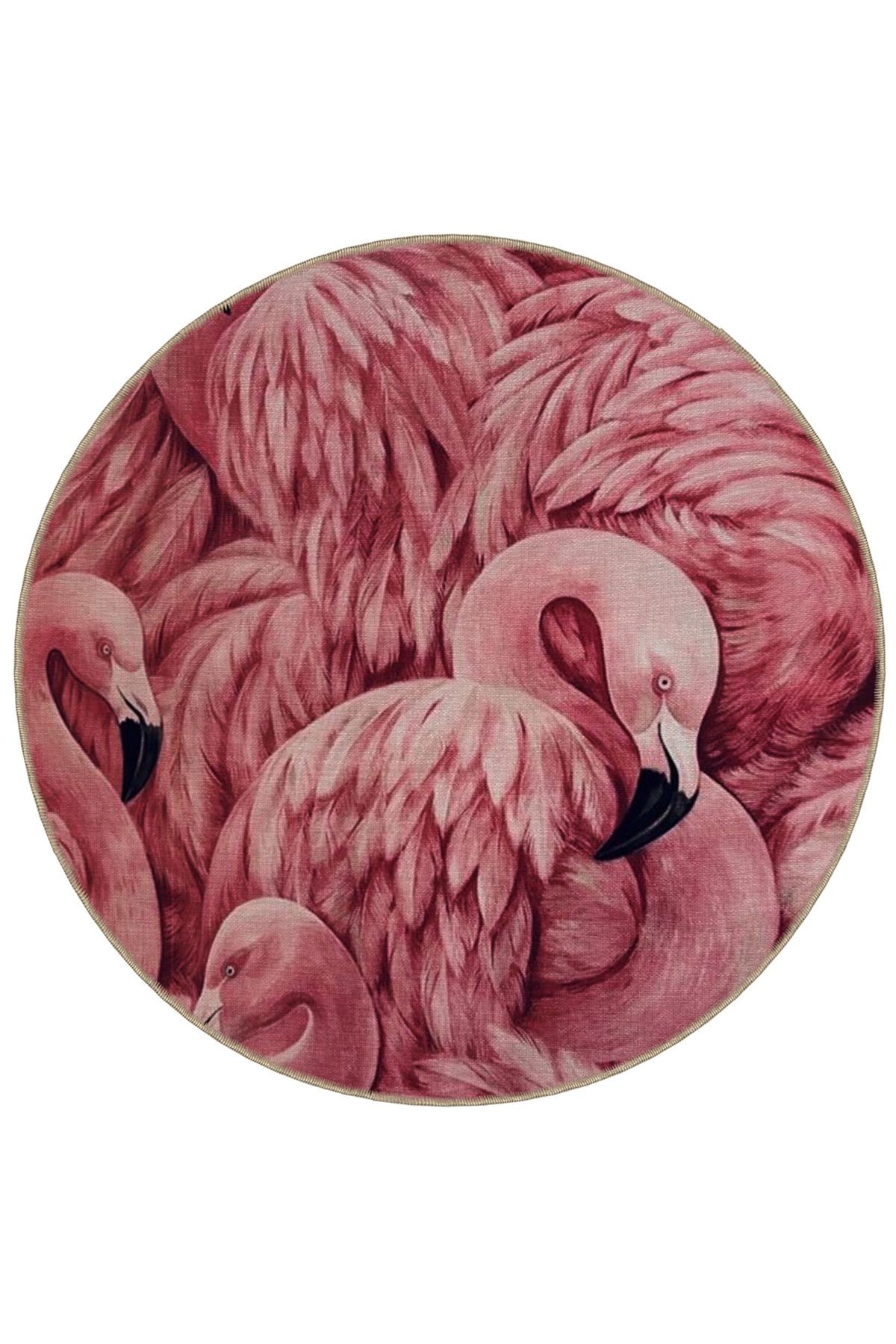 Animal Koleksiyonu Yuvarlak Flamingo Desenli Dokuma Taban Yıkanabilir Halı animal12