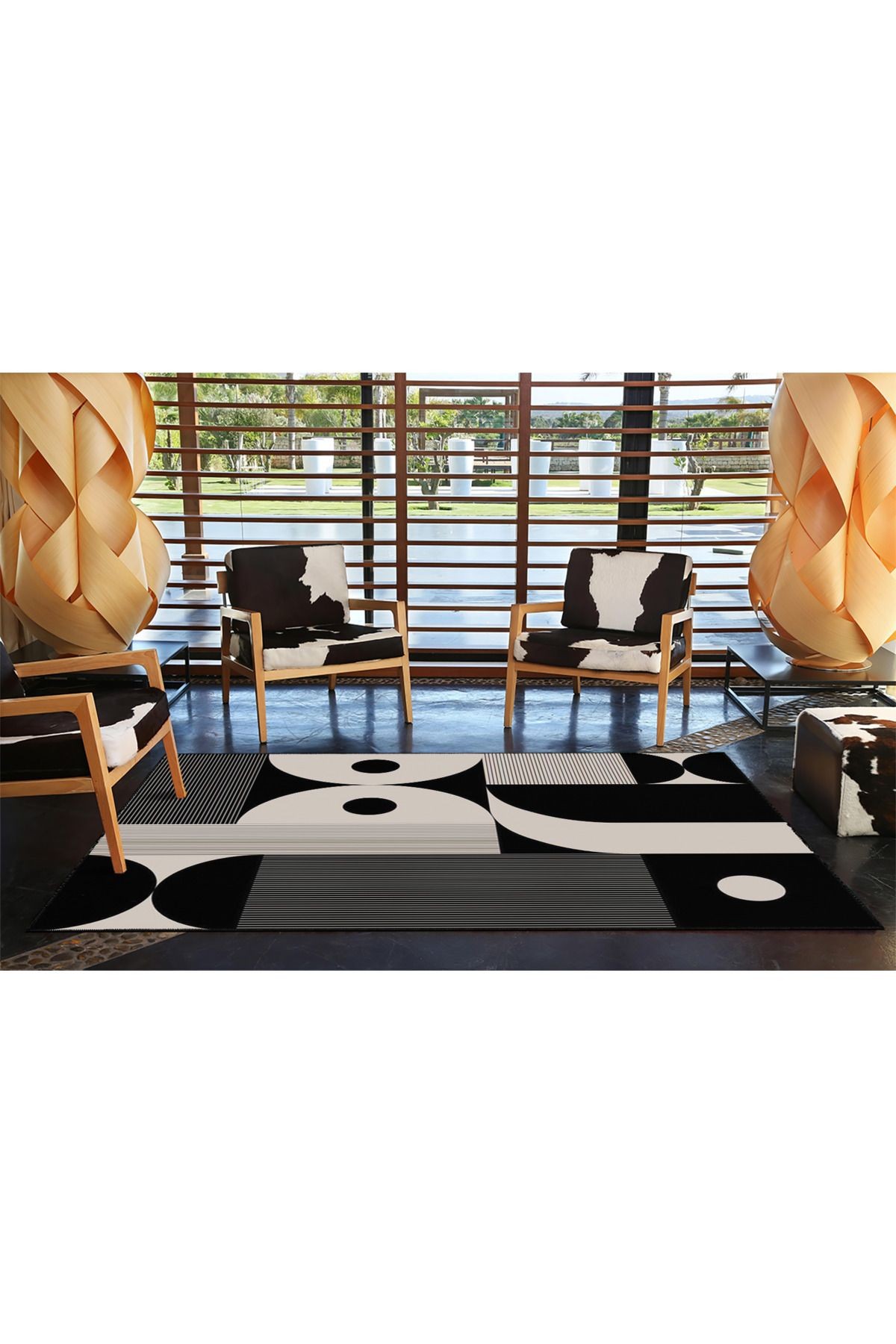 Siyah Modern Yuvarlak Temalı Desenli Dekoratif ve Yıkanabilir Halı miravip9309
