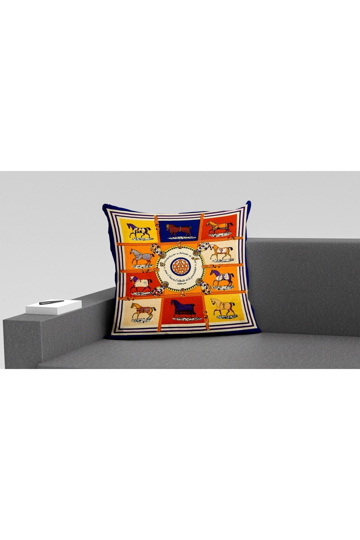 Kırlent Sarı Mavi Turuncu Krem Atlar Temalı Kırlent Kılıfı Pillow45