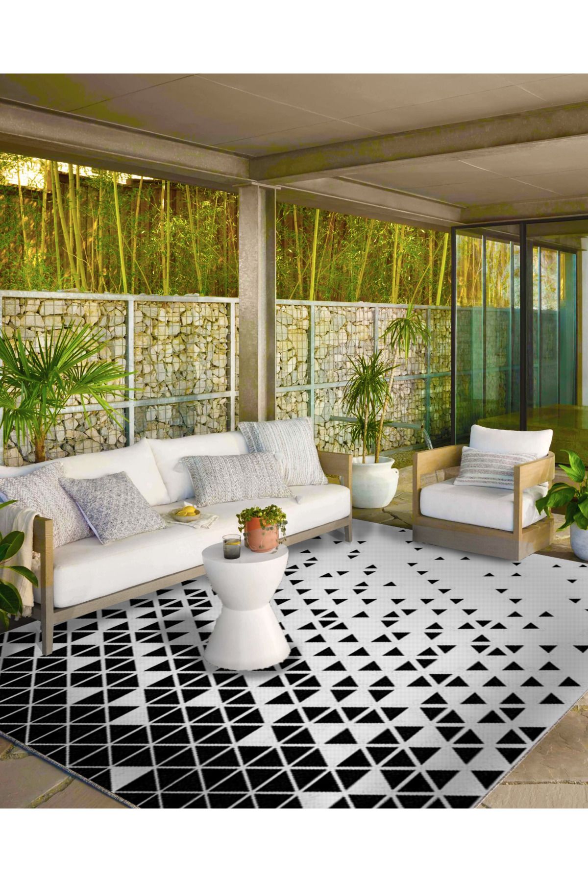 Siyah Beyaz Üçgen Geometrik Temalı Dokuma Taban Halı ve Yıkanabilir Halı miravip9823