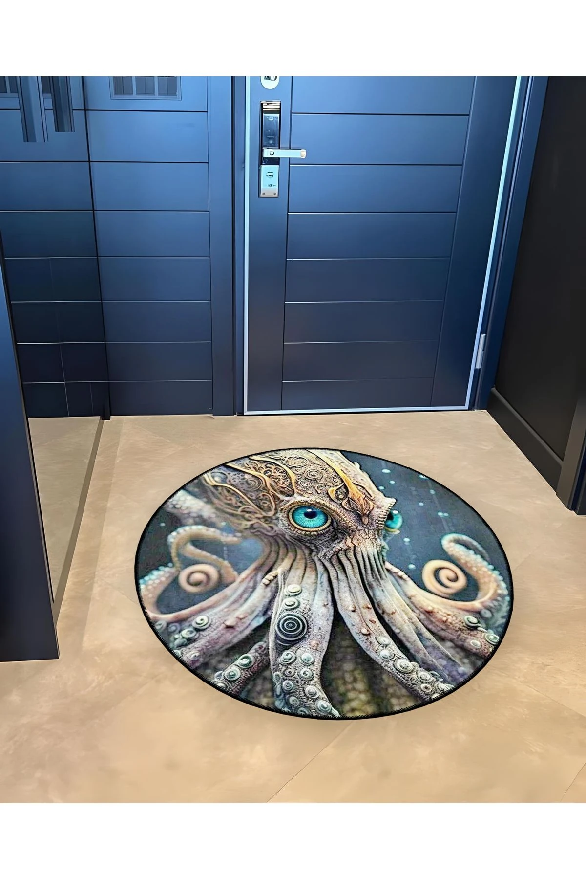 Mira Yuvarlak Mavi Gözlü Ahtapot Desenli Dokuma Taban Modern Dekoratif Halı 5634