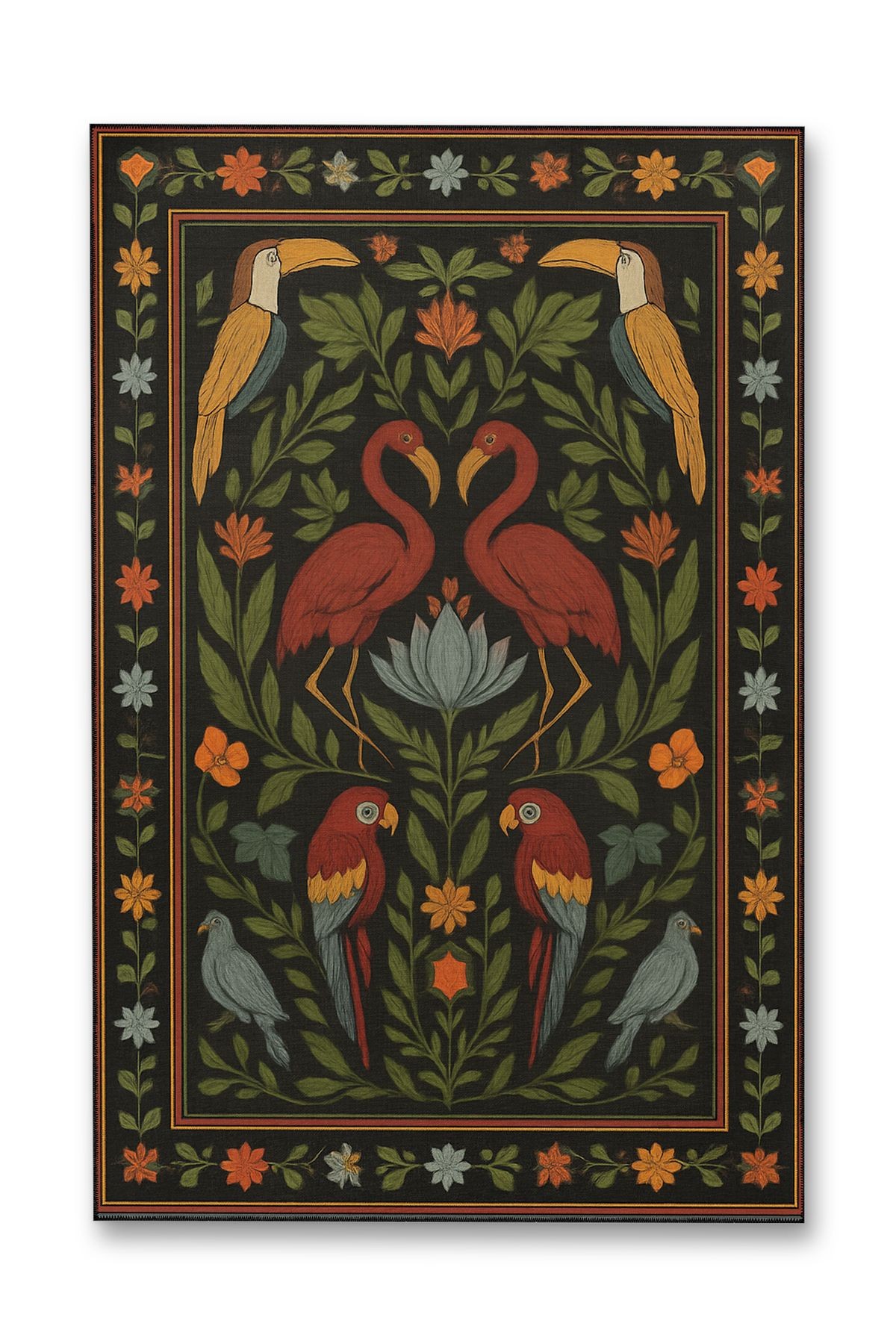 MOSSO Çok Renkli Floral Çiçekler ve Kuşlar Detaylı Dokuma Taban Modern Dekoratif Halı mosso90