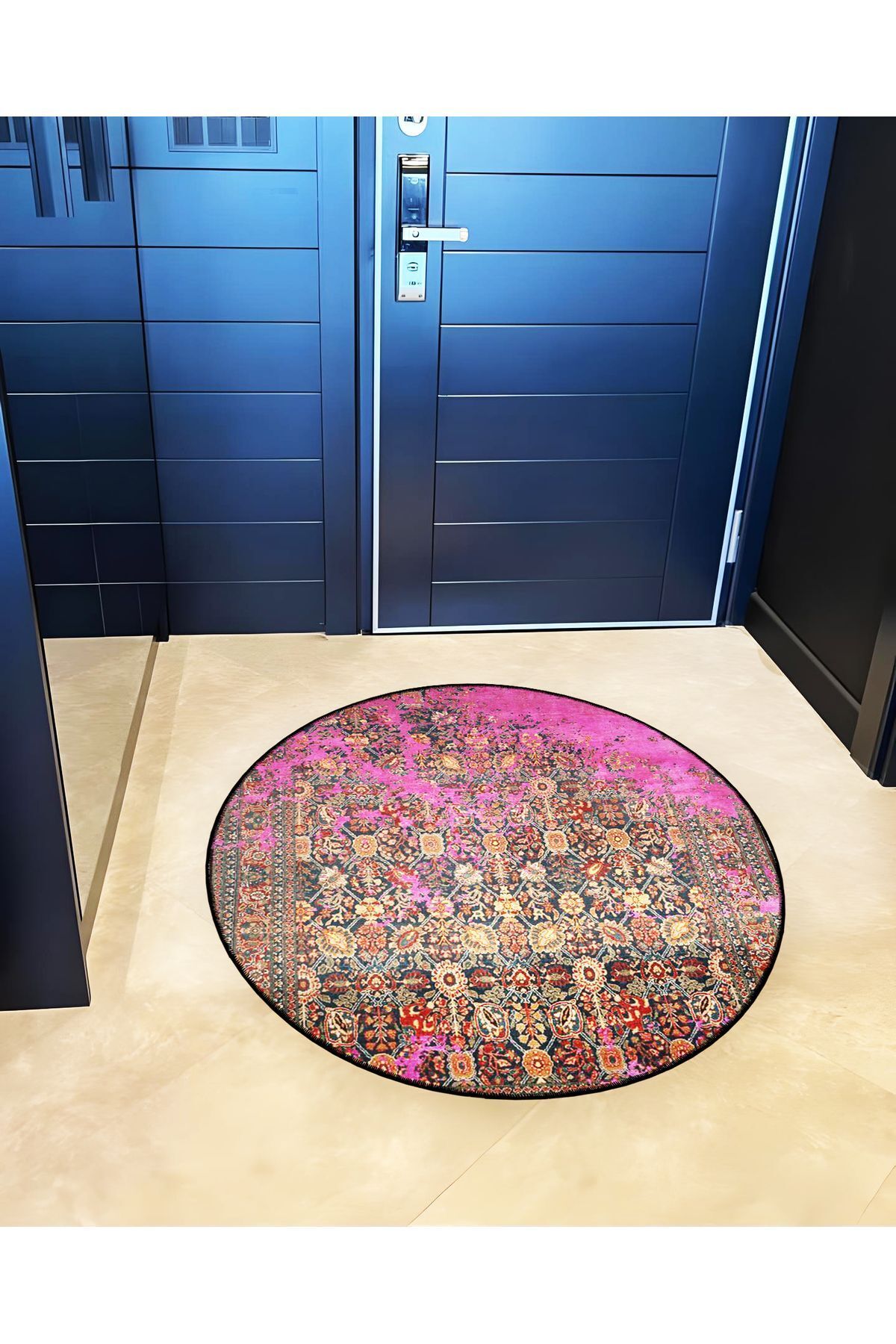 Mira Yuvarlak Pembe Detaylı Antik Desenli Dokuma Taban Modern Dekoratif Halı 5696