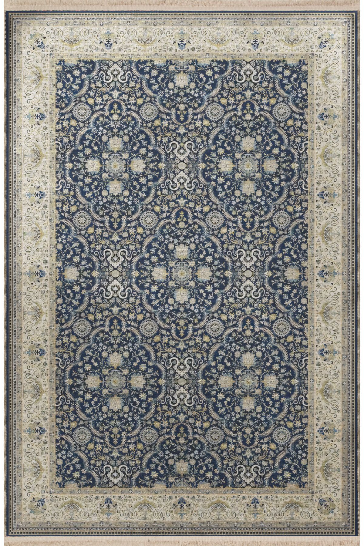 Lacivert Bej Temalı Etnik Çiçek Desenli Kreatif Vintage Dekoratif Halı 2449