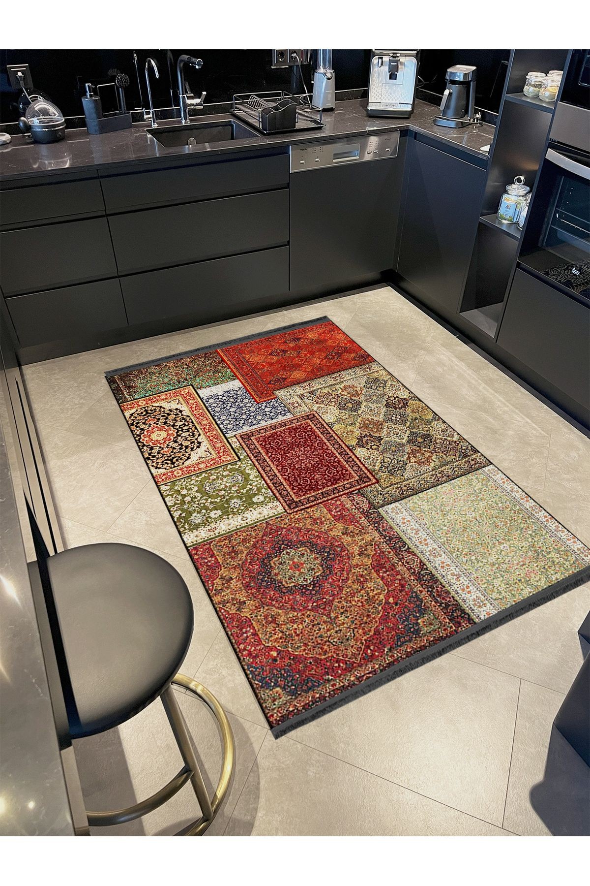Kuvars Koleksiyonu Çok Renkli Vintage Motifler Desenli Dokuma Taban Etnik Dekoratif Halı kuvars20