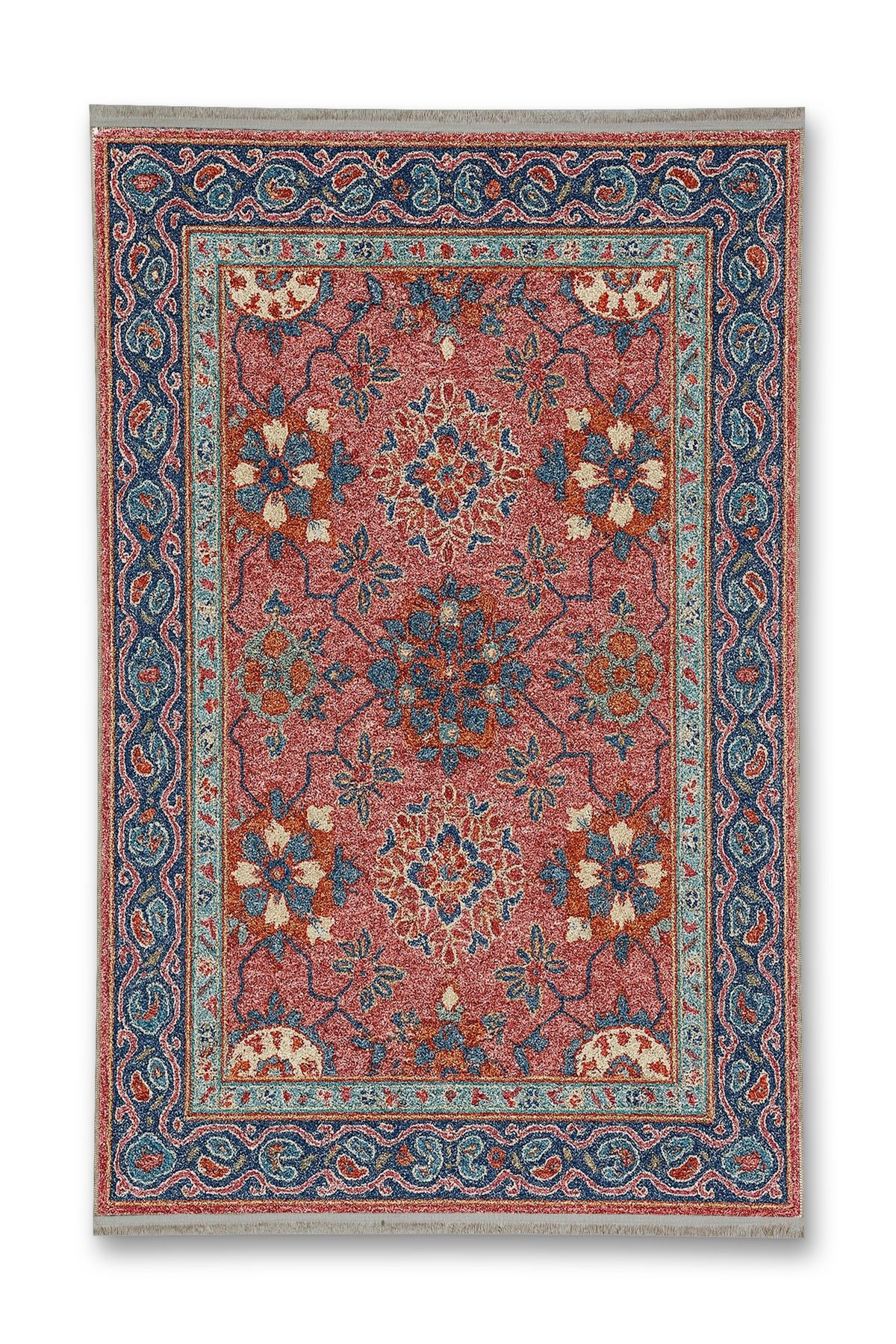 Mosso Çok Renkli Çiçekler ve Etnik Motifler Desenli Dokuma Taban Vintage Dekoratif Halı mosso143