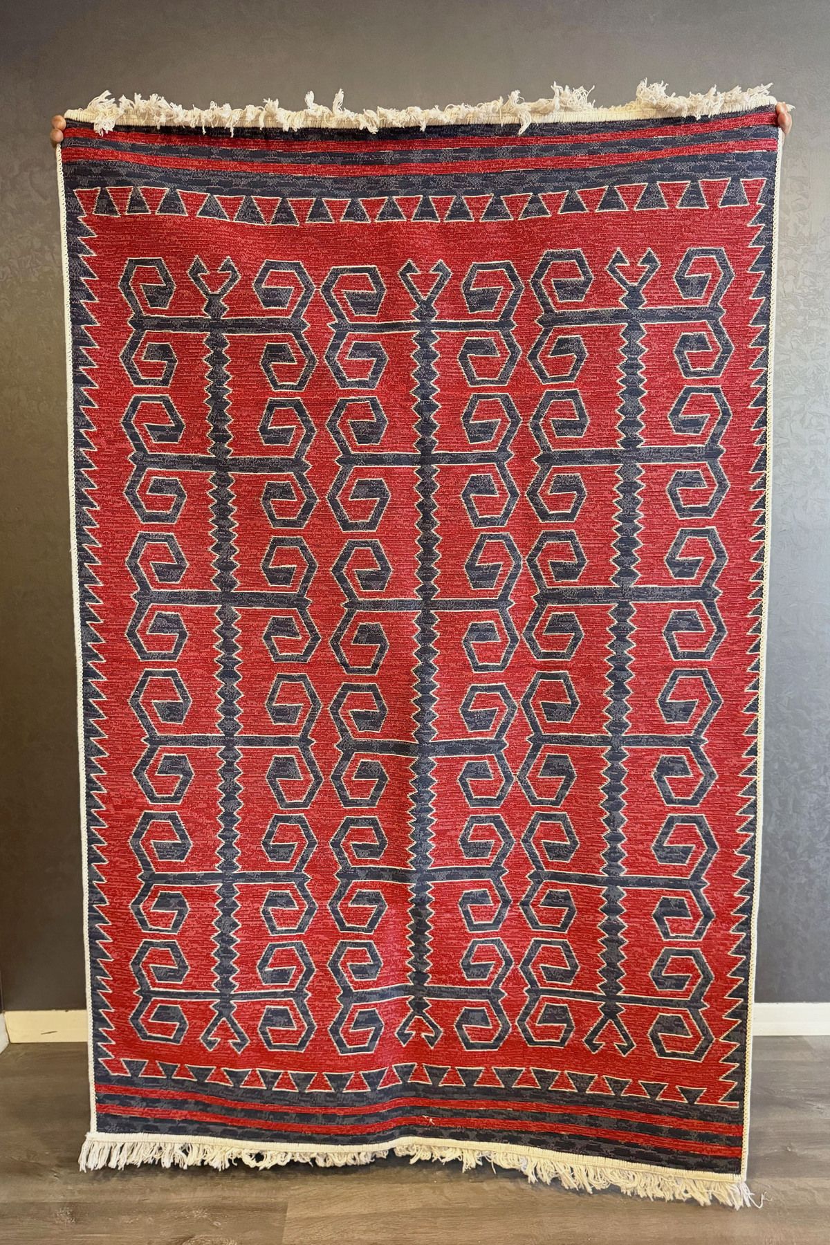 Alara Koleksiyonu Lacivert Kırmızı ve Lacivert Beyaz Çift Taraflı Pamuk Dokuma Saçaklı Kilim alara08